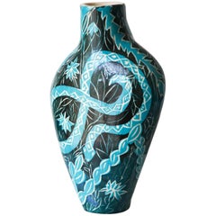 Charming Snakes Ceramic Vase, with Underglaze Sgraffito Detailing
