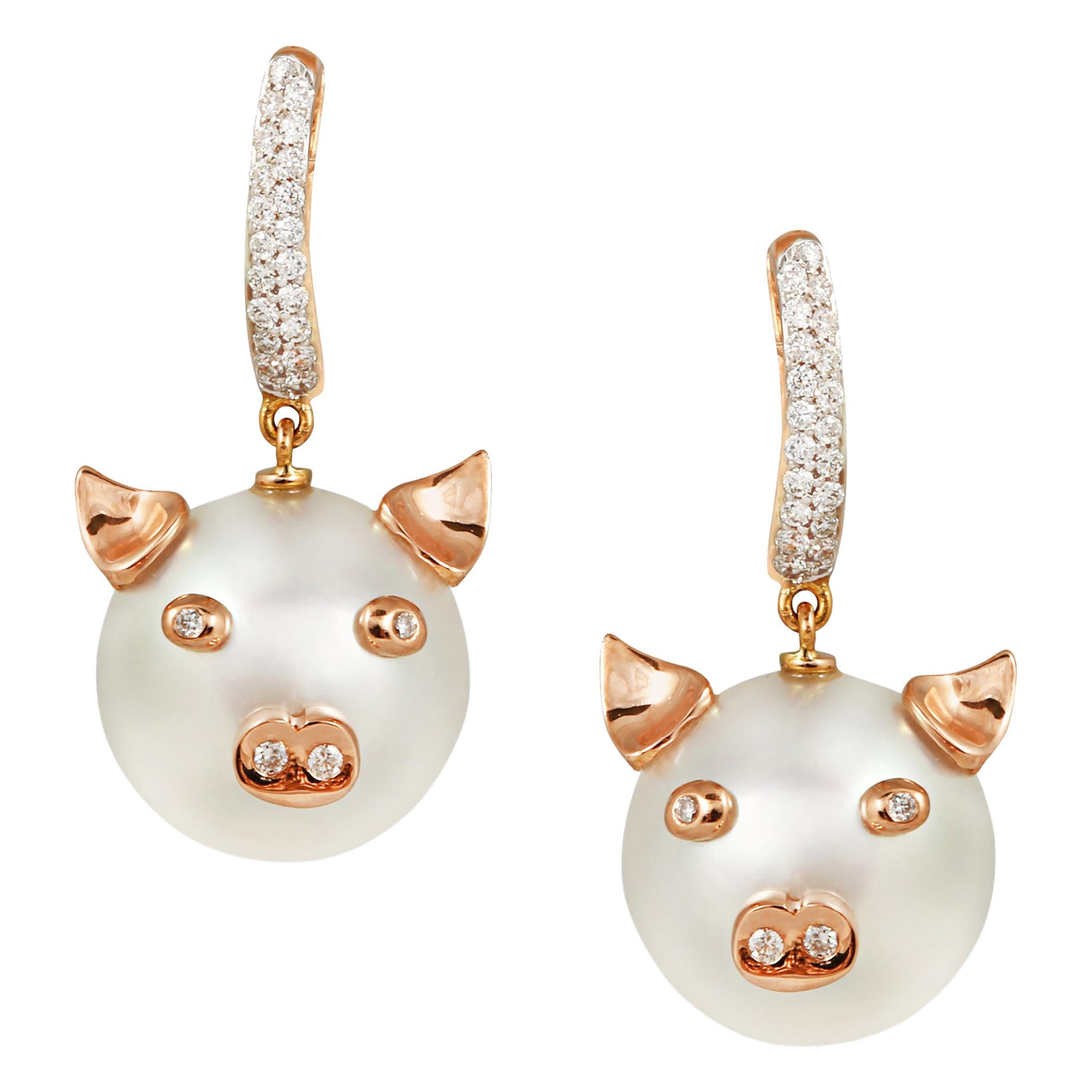 Charming South Sea Pearl and Diamond Piggy Earrings