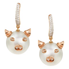 Charming South Sea Pearl and Diamond Piggy Earrings