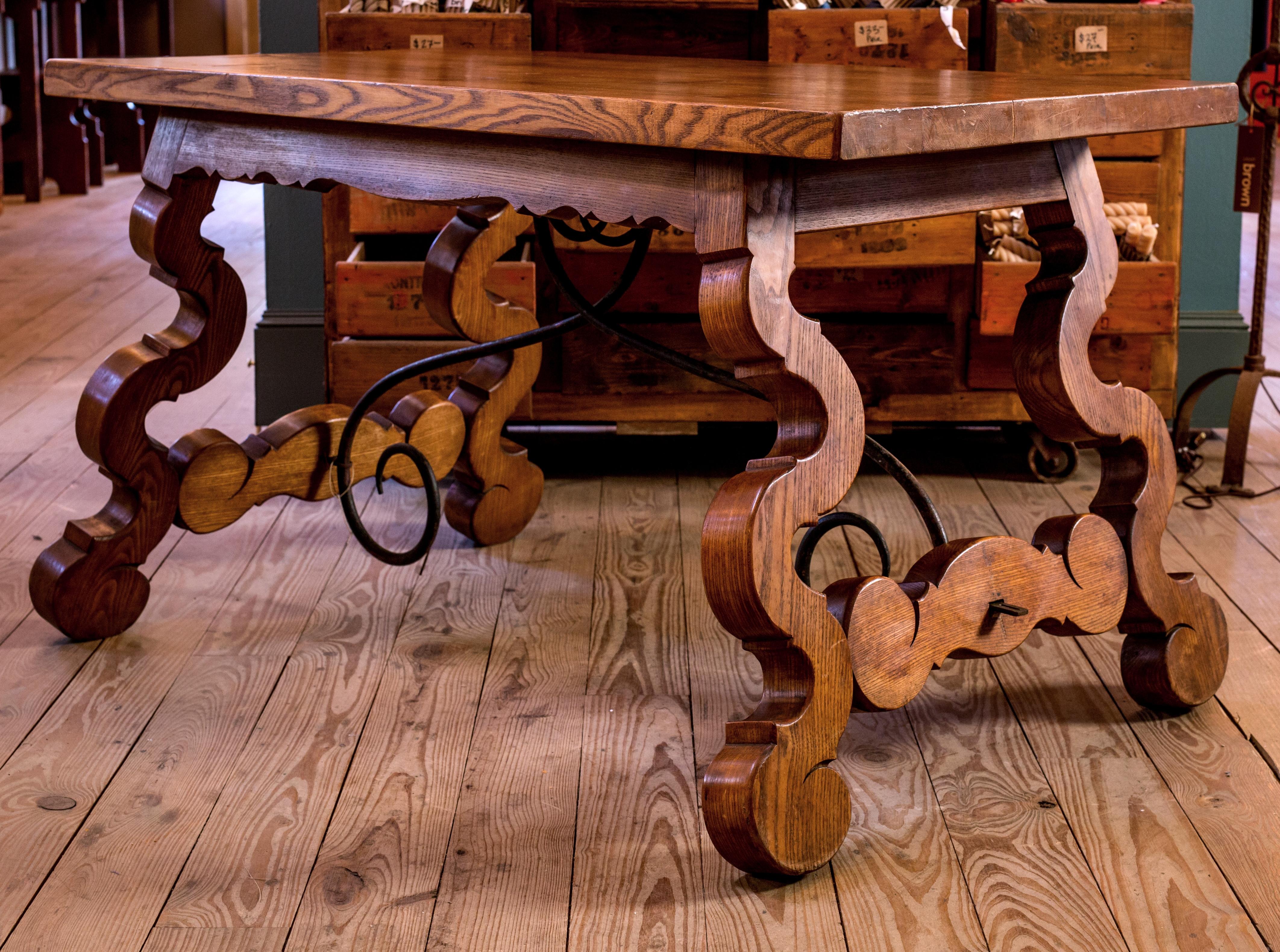 Forged Charming Spanish Solid Oak Table with Iron Stretchers