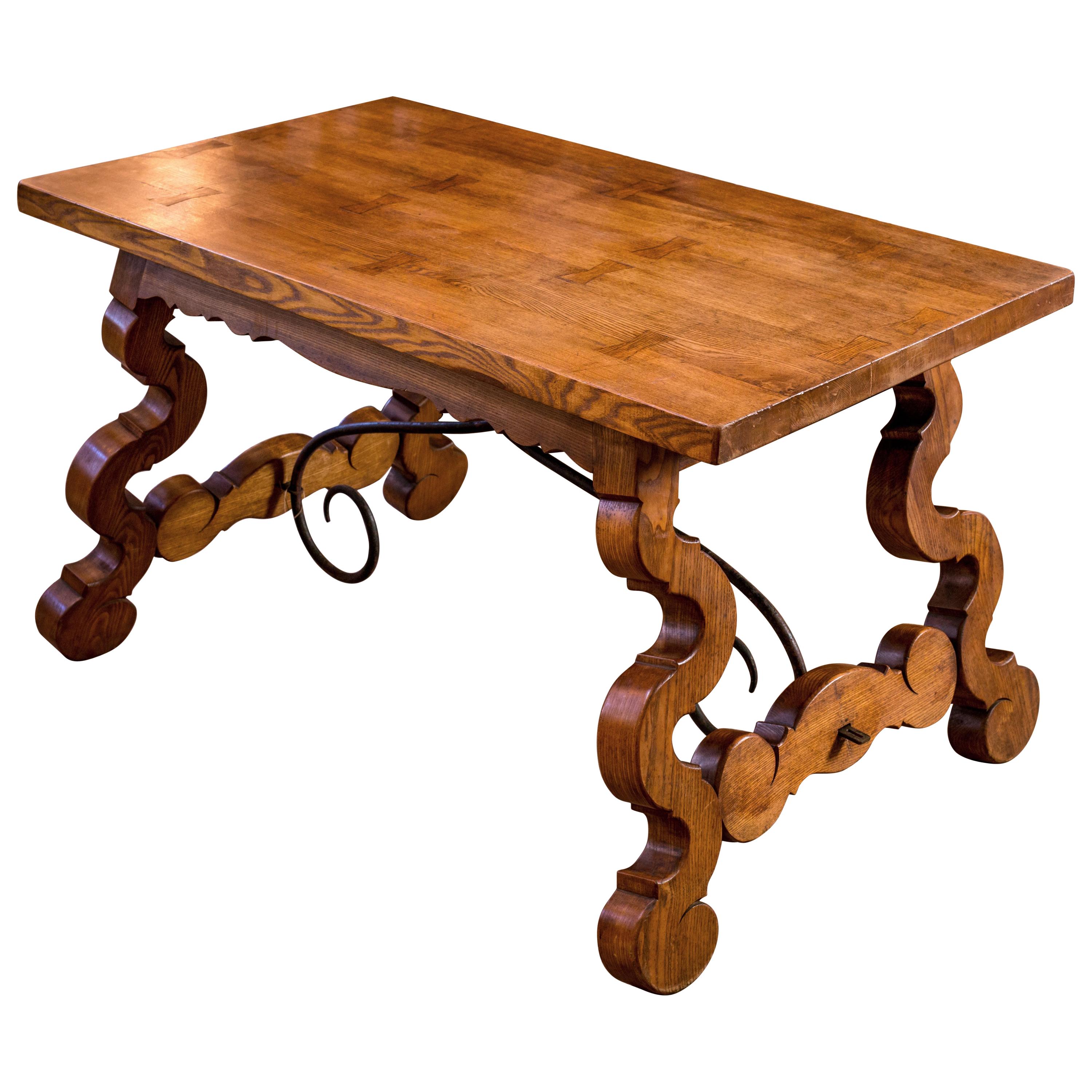 Charming Spanish Solid Oak Table with Iron Stretchers