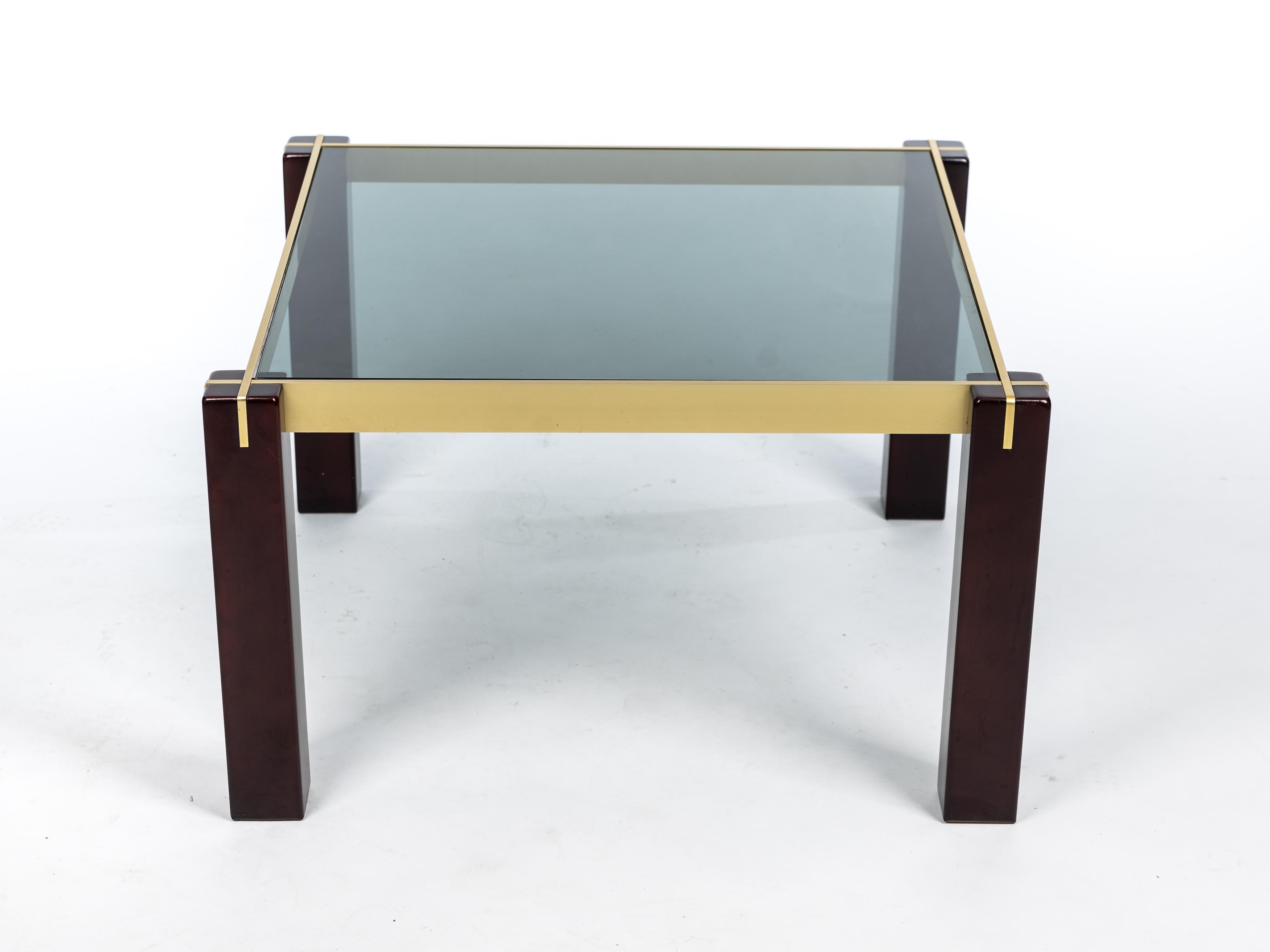 Tavolino quadrato di charme, ottone, legno, vetro fumé, anni '60, Italia in vendita 4