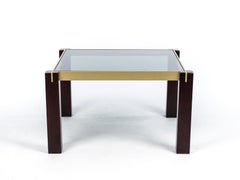 Tavolino quadrato di charme, ottone, legno, vetro fumé, anni '60, Italia