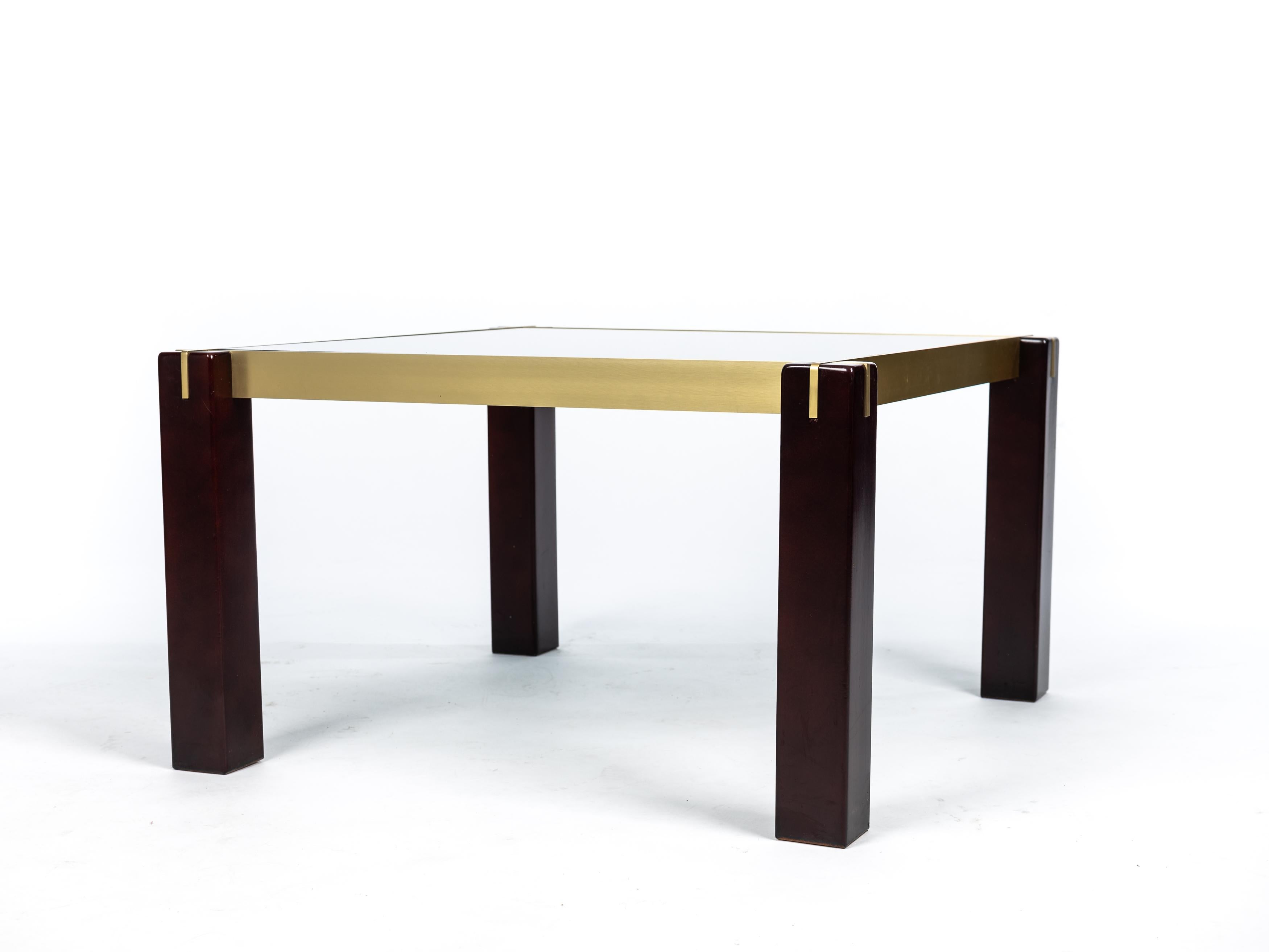 Tavolino quadrato di charme, ottone, legno, vetro fumé, anni '60, Italia in vendita 1