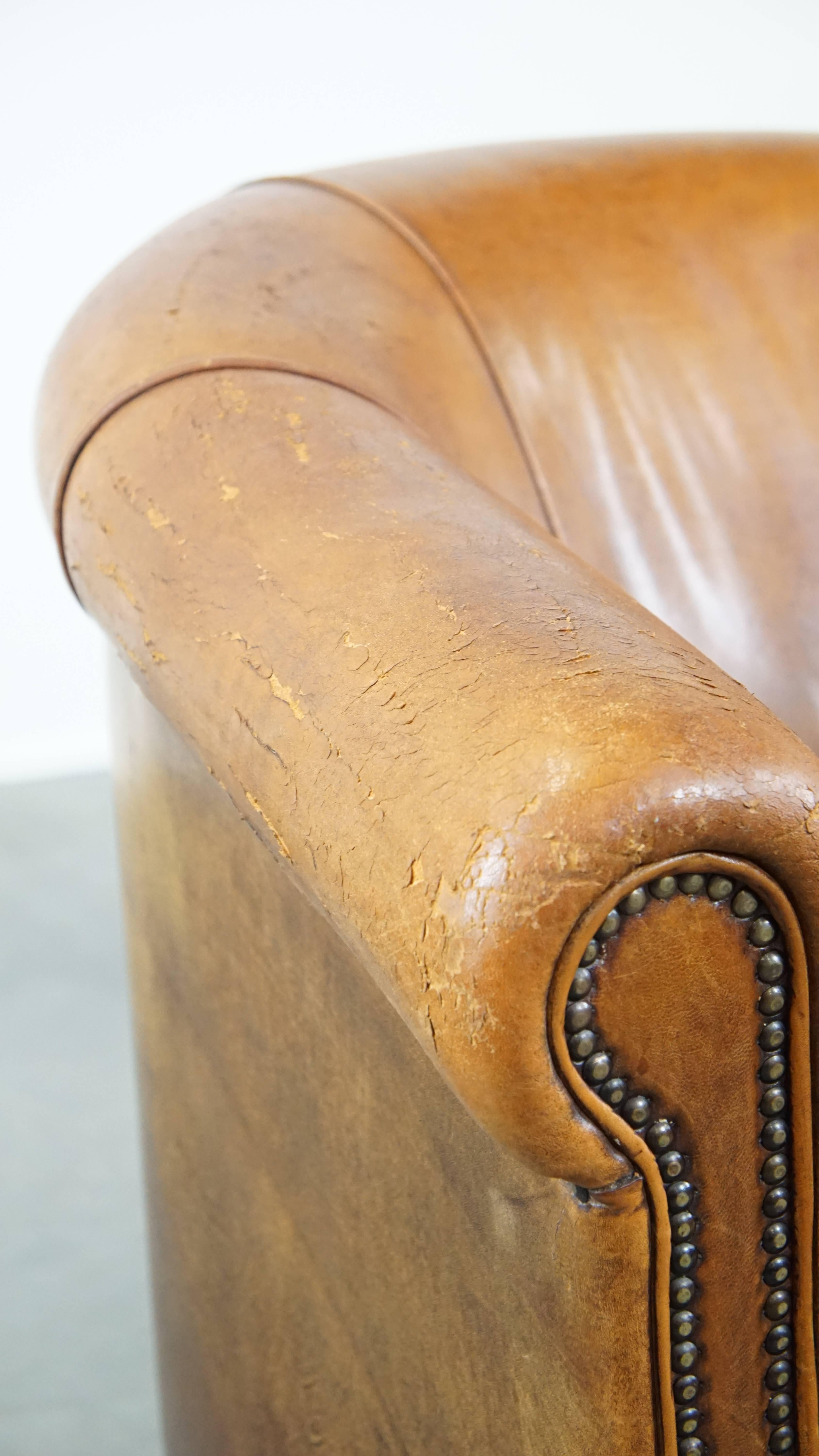 Charming, sturdy and comfortable cognac-colored sheepskin leather club armchair For Sale 4