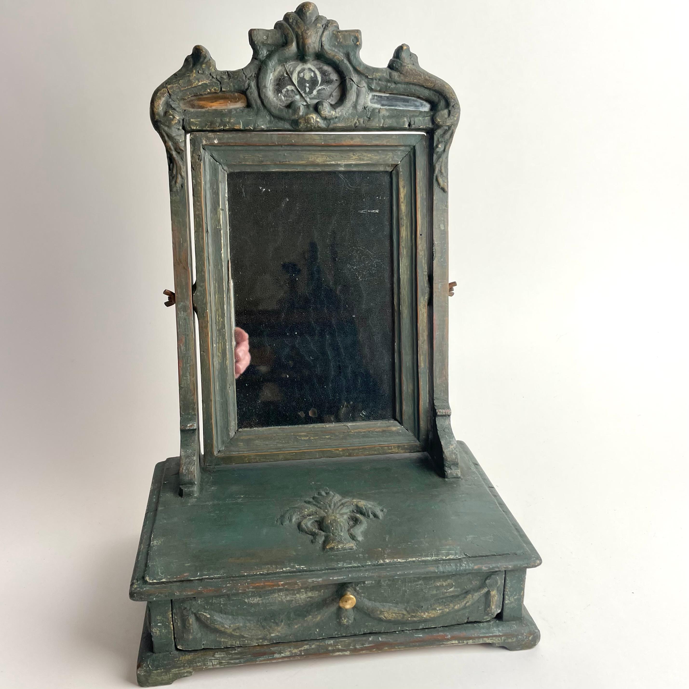 Painted Charming Swedish Gustavian Shaving Mirror, Transition Style, 1770s For Sale