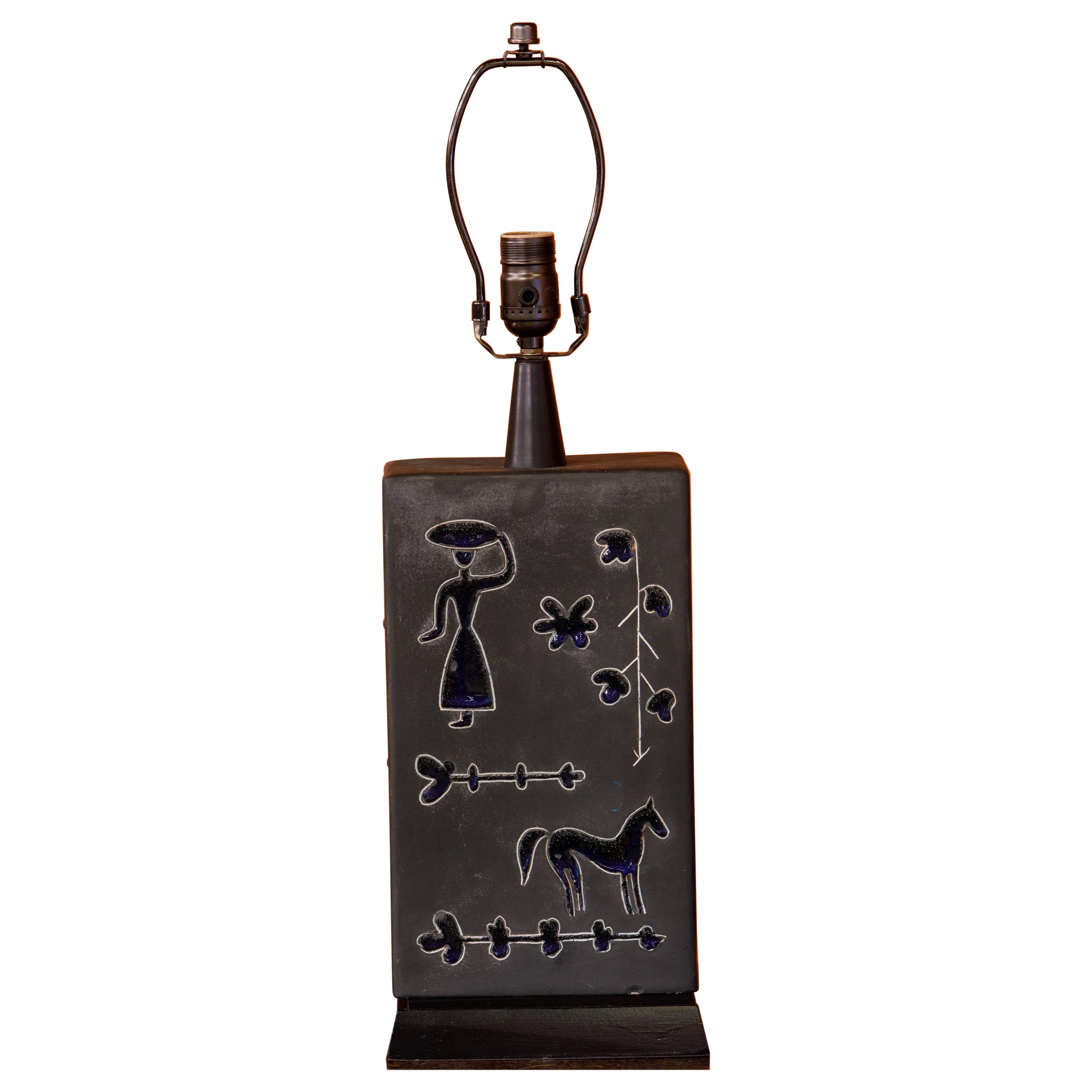 Charming Swedish Pottery Lamp with Woman and Horse Design
