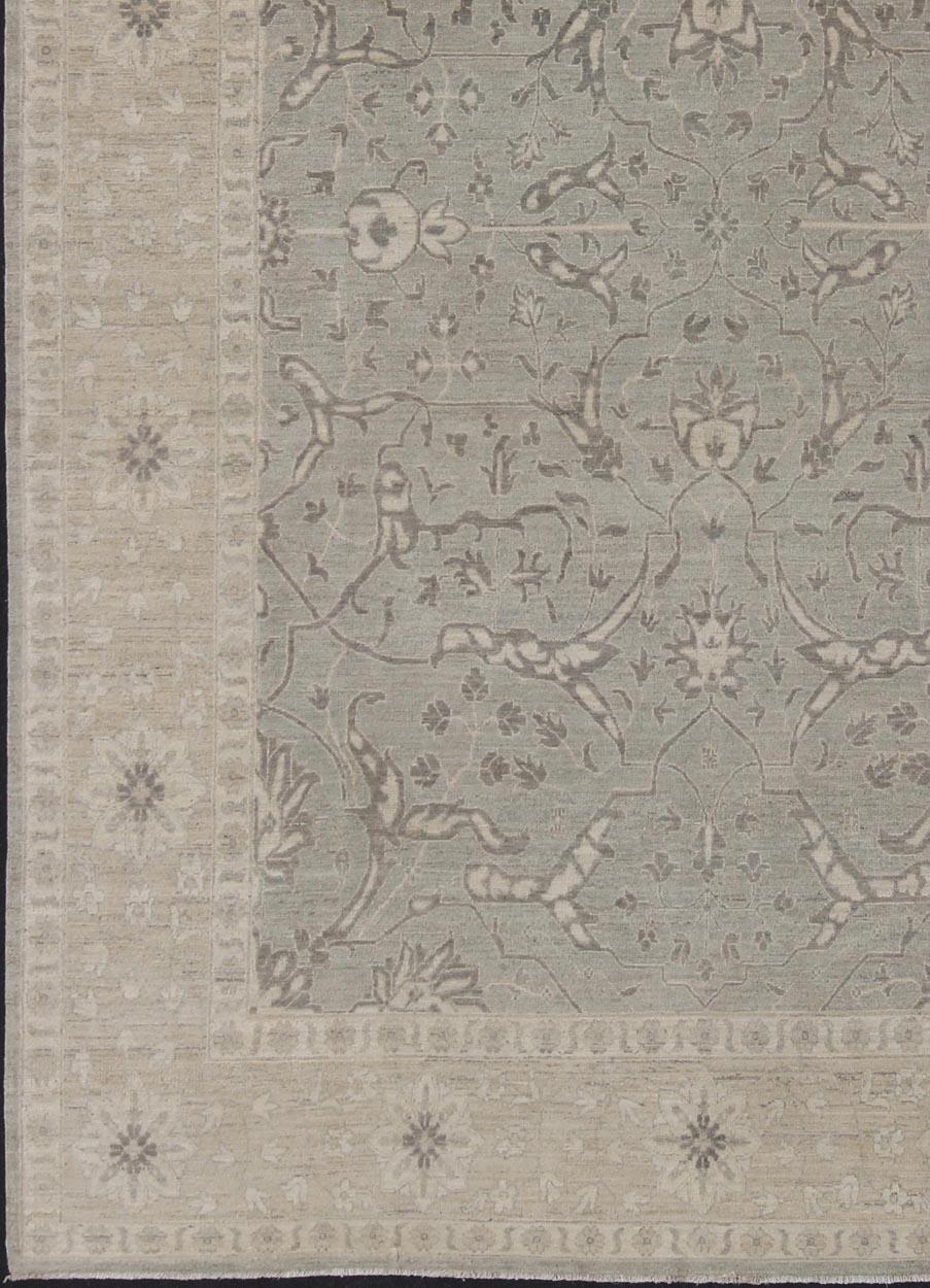 Afghan Charming Tabriz Design Rug with All-Over Design in Gray's, Tan, and Cream For Sale