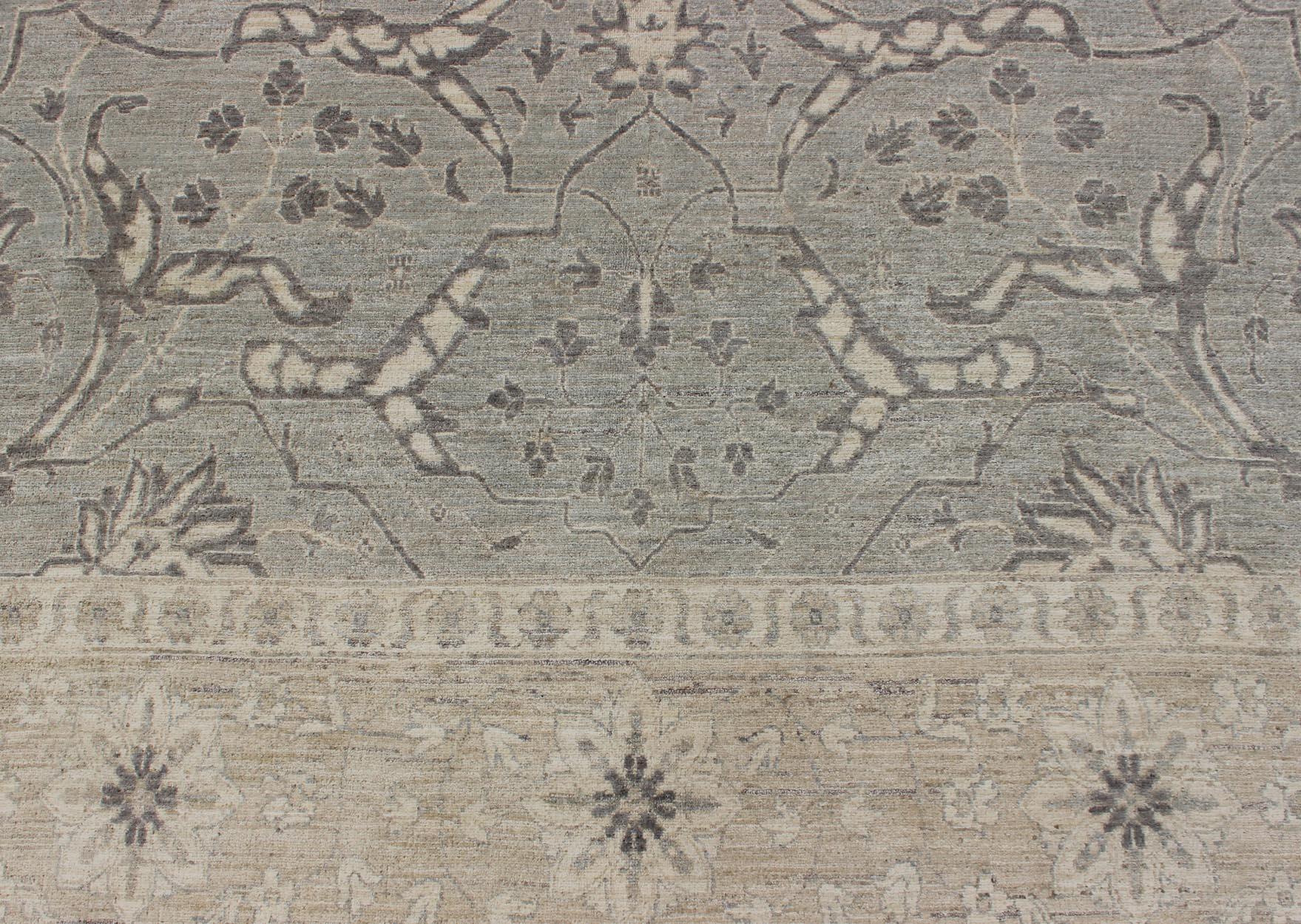 Charming Tabriz Design Rug with All-Over Design in Gray's, Tan, and Cream For Sale 1