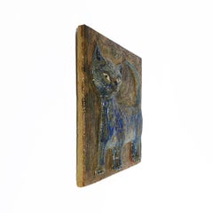 Charming Thick Square Ceramic Wall Tile of a Blue Cat in Relief