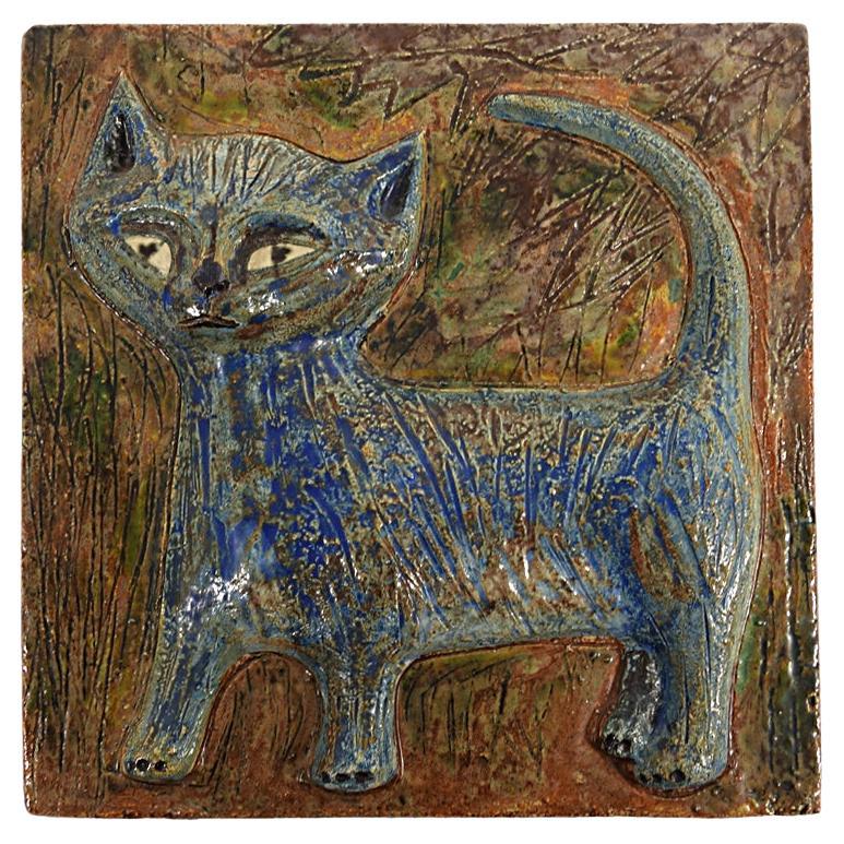 Charming Thick Square Ceramic Wall Tile of a Blue Cat in Relief For Sale