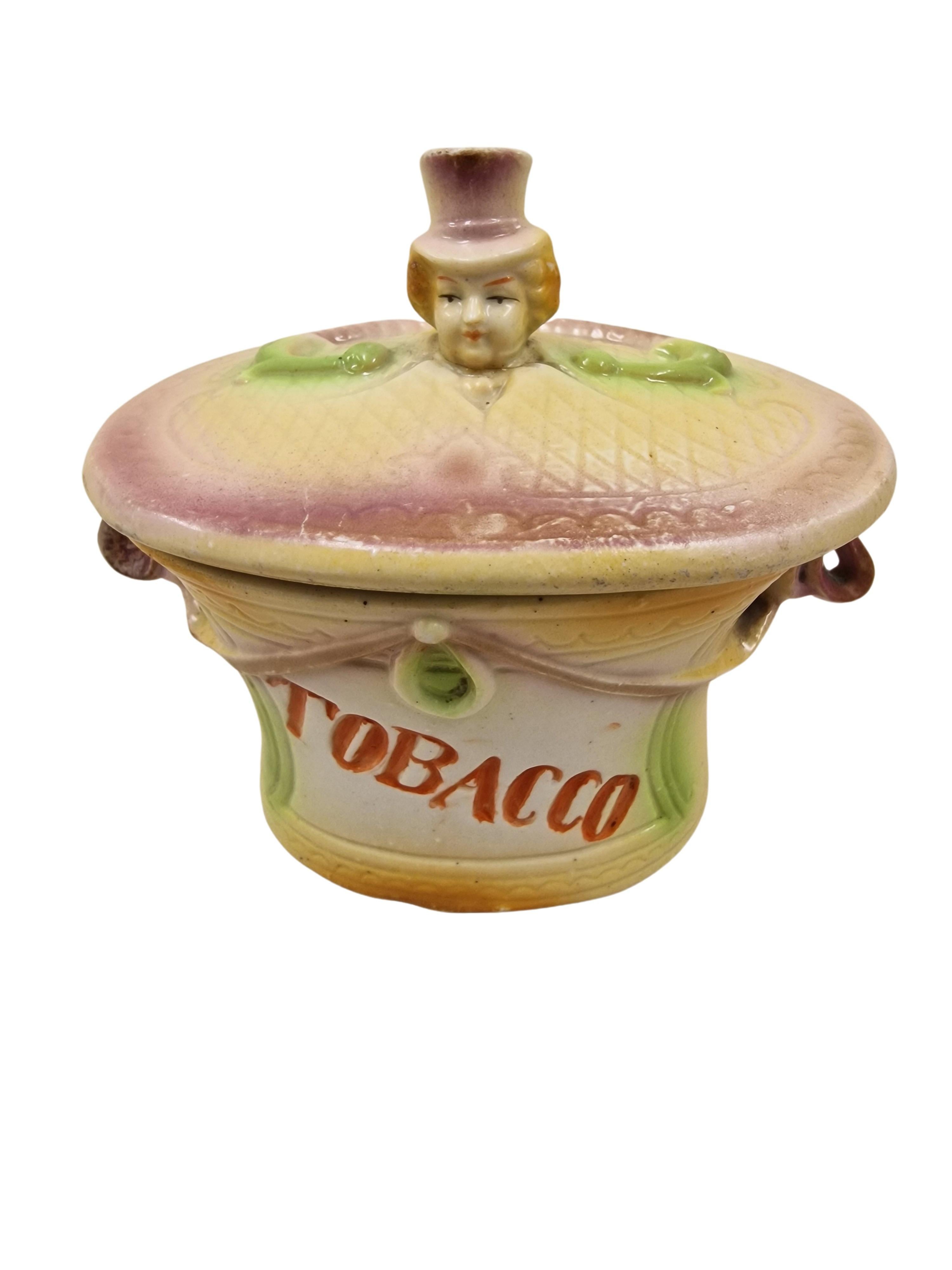 Charming tobacco box tin, bisque porcelain, smoking, 1900 Art Nouveau, England For Sale 2