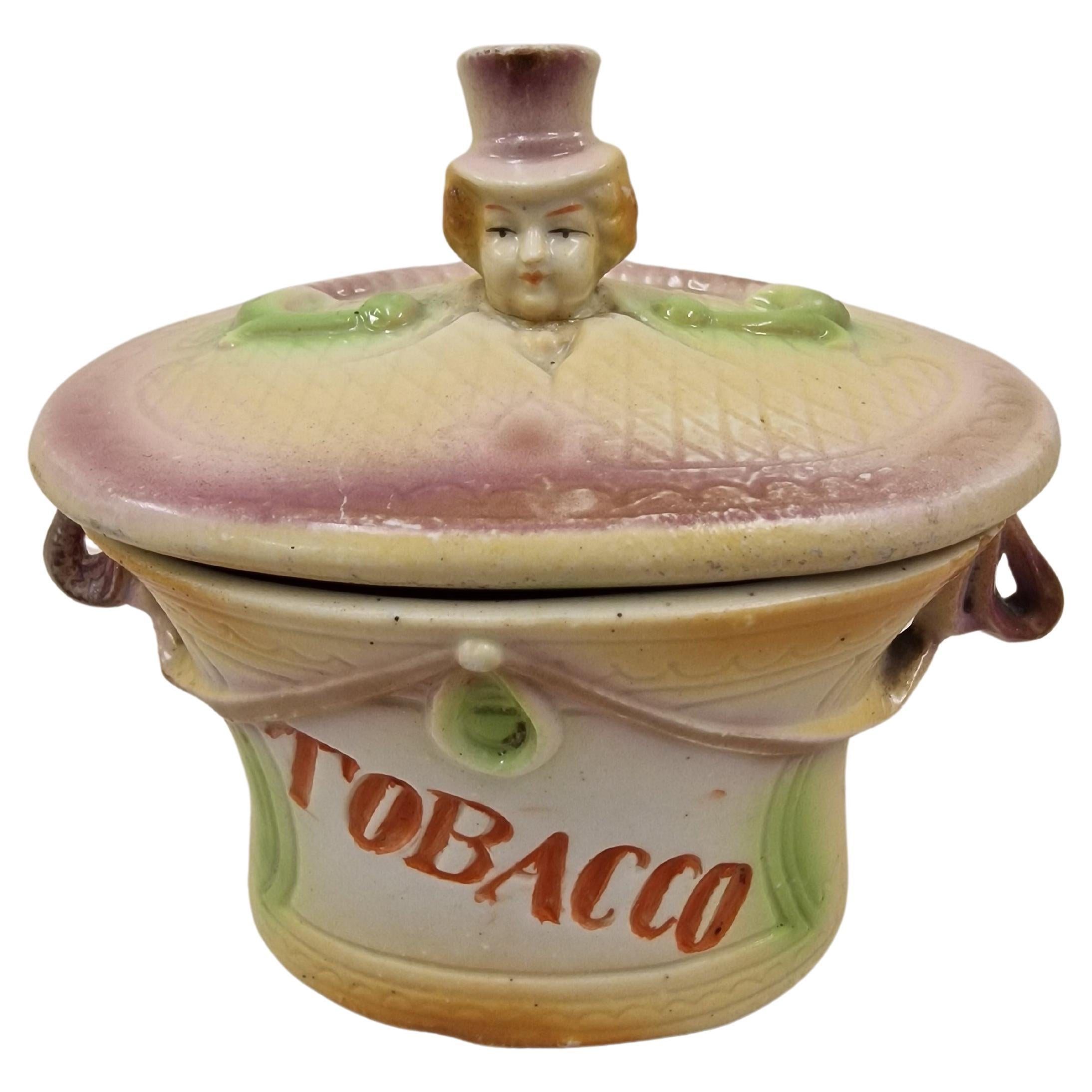 Charming tobacco box tin, bisque porcelain, smoking, 1900 Art Nouveau, England For Sale