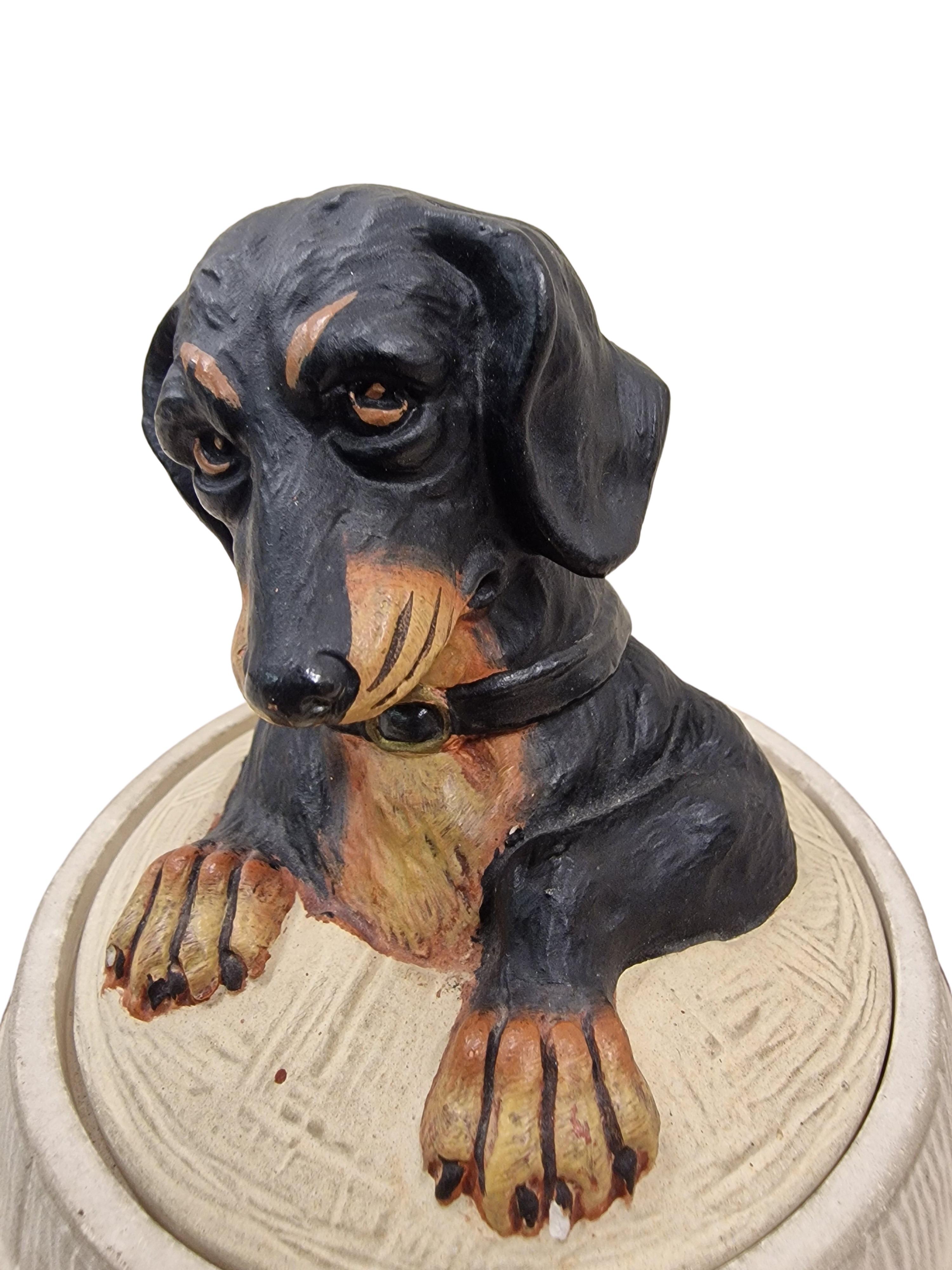 Hand-Painted Charming tobacco box tin, Dachshund dog, 1920er Art Deco, Johann Maresch Czech R For Sale