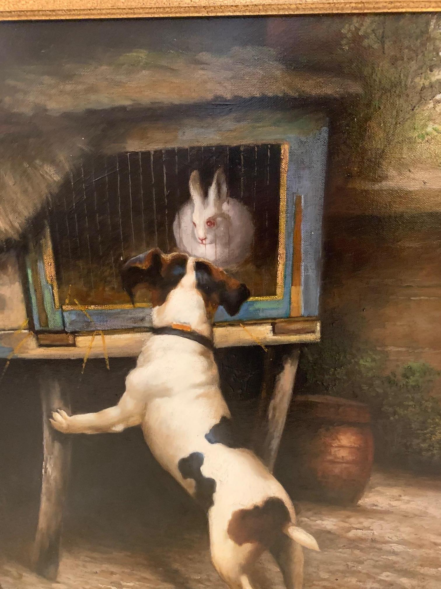 Charming Traditional Painting of Dog and Bunny at 1stDibs