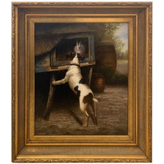 Vintage Charming Traditional Painting of Dog and Bunny