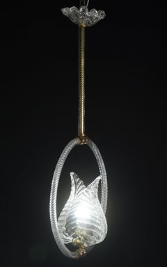 Charmante lampe suspendue transparente Art Decò Barovier e Toso en verre de Murano, années 1940