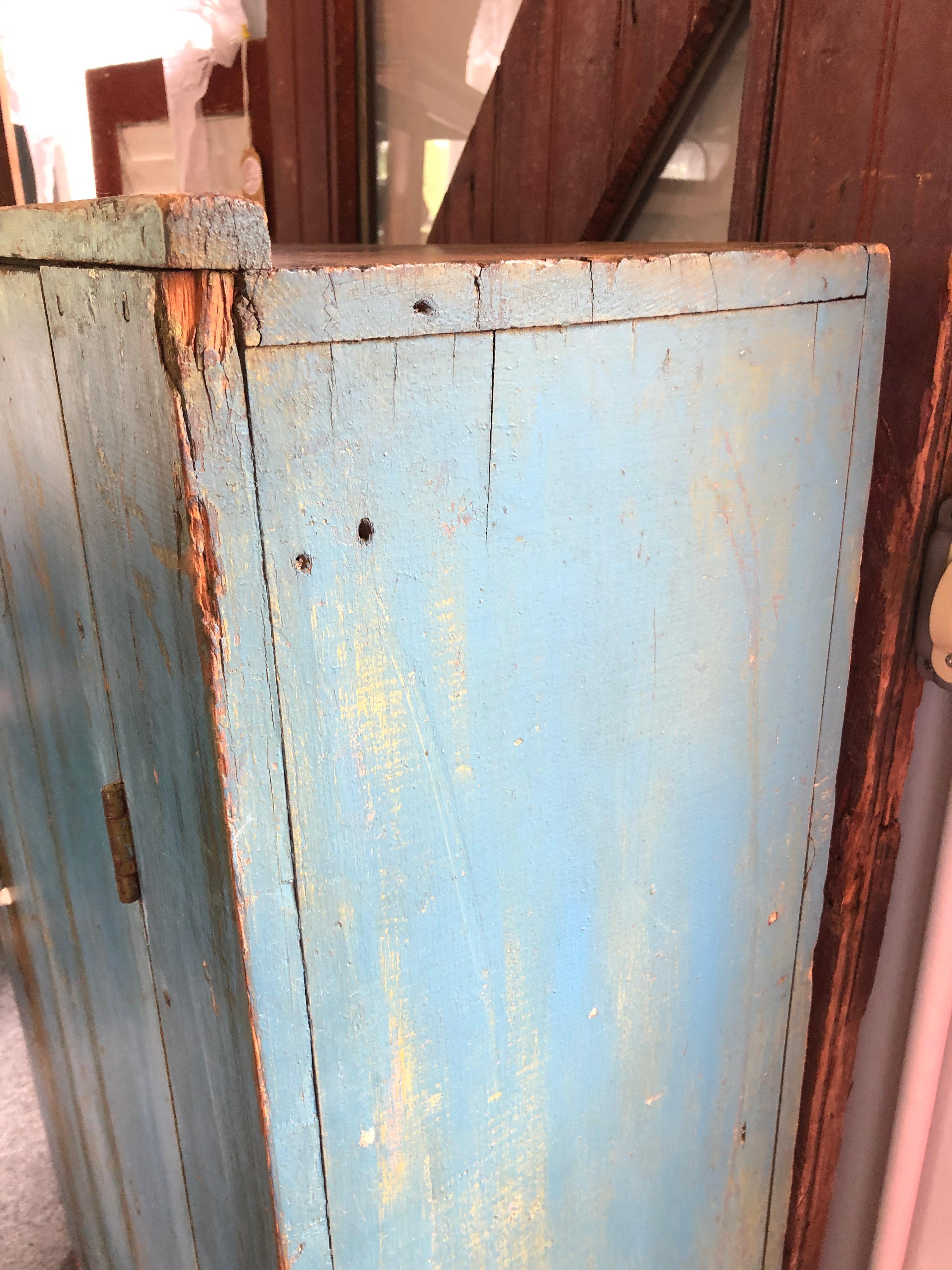 Charming Turquoise Painted Distressed Primitive Antique Cupboard In Distressed Condition In Hopewell, NJ