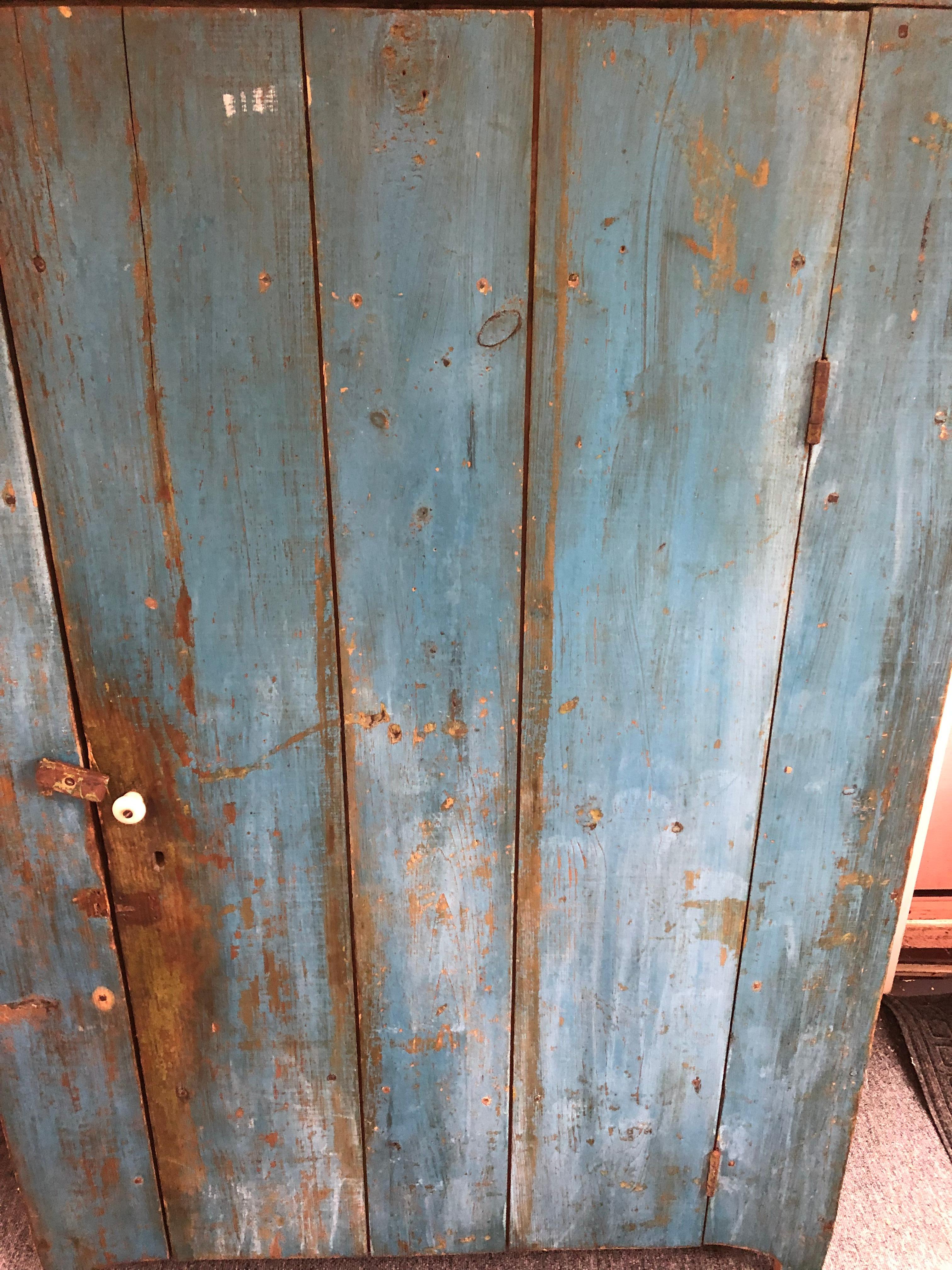 19th Century Charming Turquoise Painted Distressed Primitive Antique Cupboard