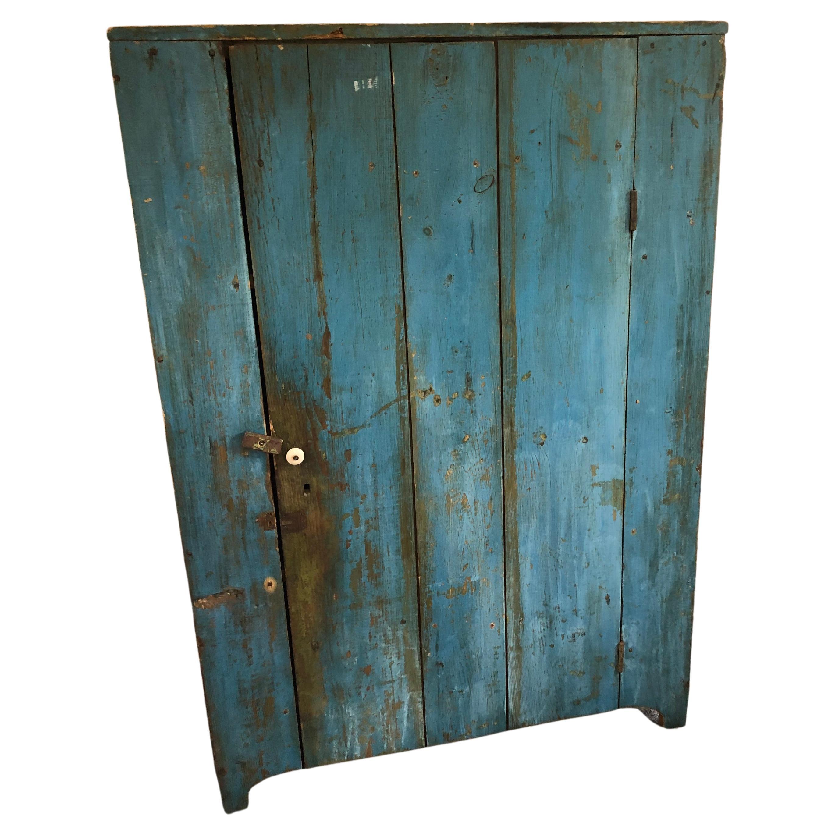 Charming Turquoise Painted Distressed Primitive Antique Cupboard