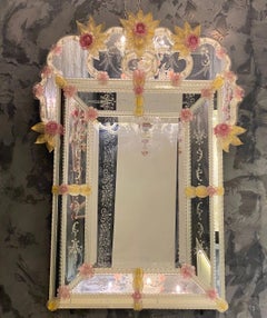 Charming Venetian Murano Glass Mirror with Pink Flowers