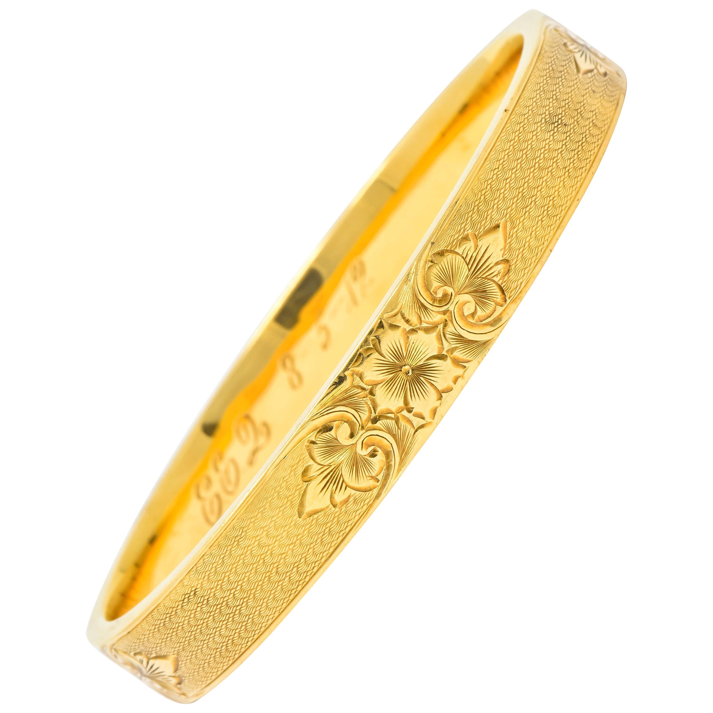 Charming Victorian 14 Karat Gold Floral Bangle Bracelet, circa 1900