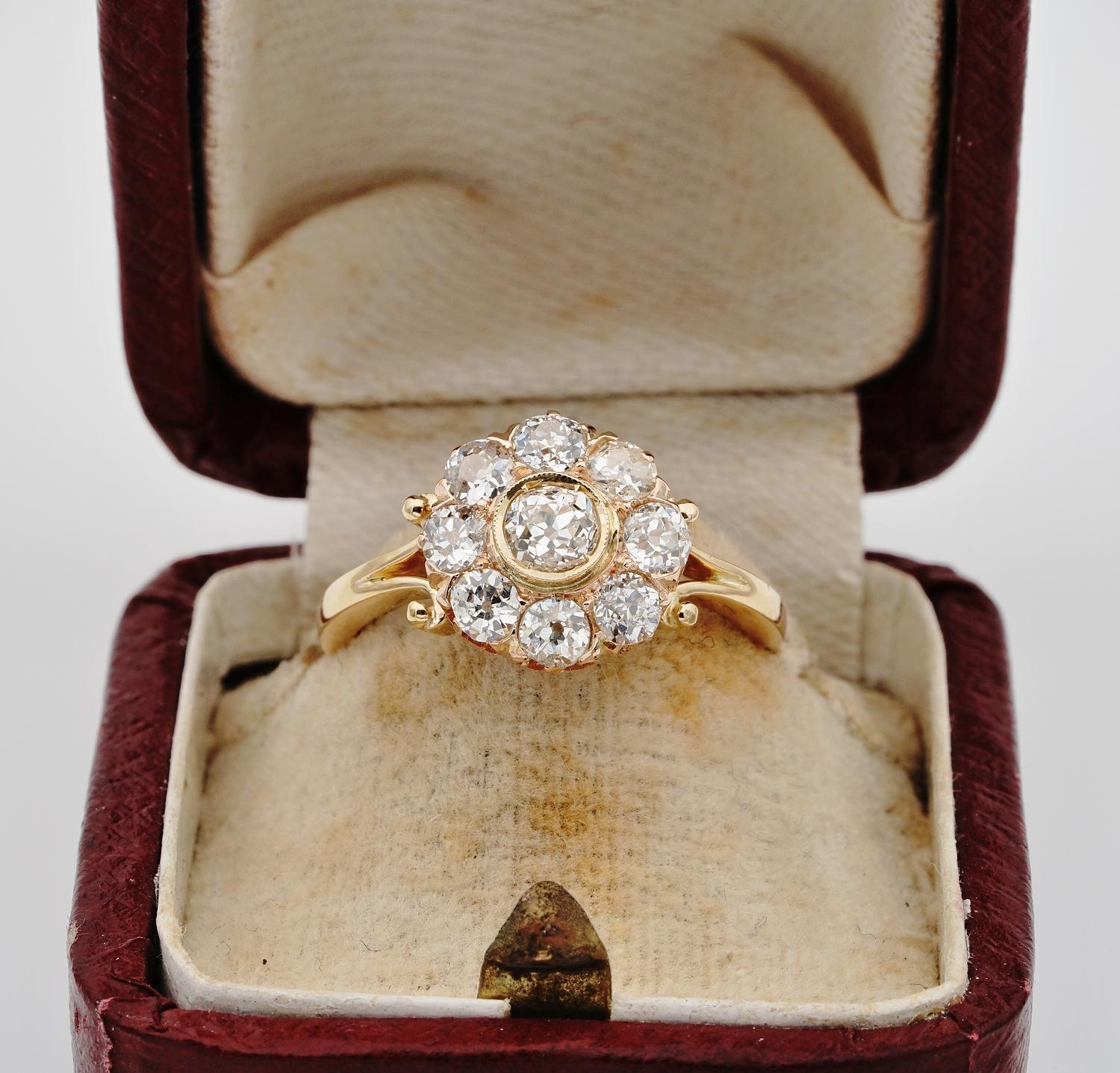 A Way to be unique

Rare and very beautiful example of original Victorian old mine cut Diamond cluster ring in most desired daisy shape.
Perfect option for engagement or anniversary or just pure pleasure for beautiful old things.
Gorgeously made of