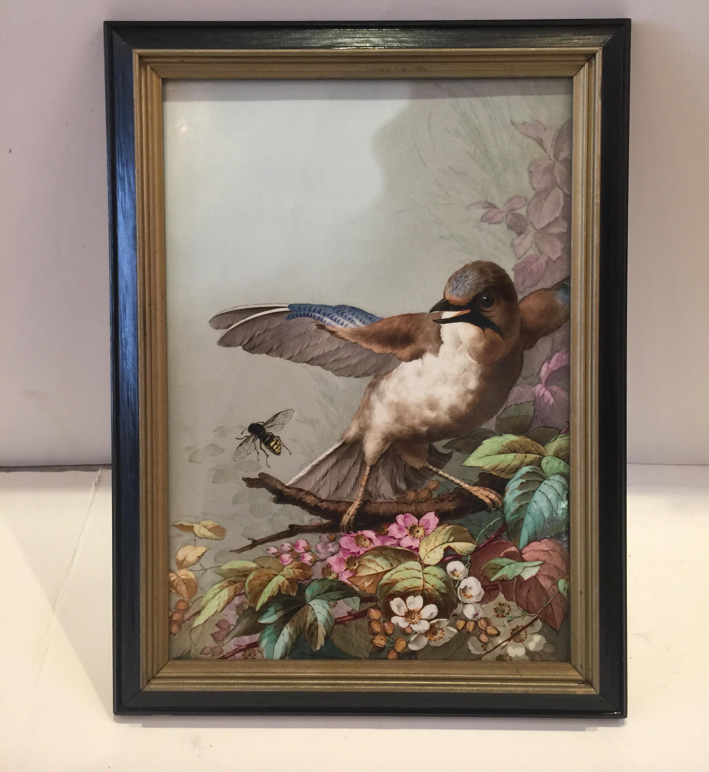 Charming Victorian hand painted porcelain tile of a bird and two bees and wildflowers, circa 1880-1890,
Very good detailed and painting technique, probably European.