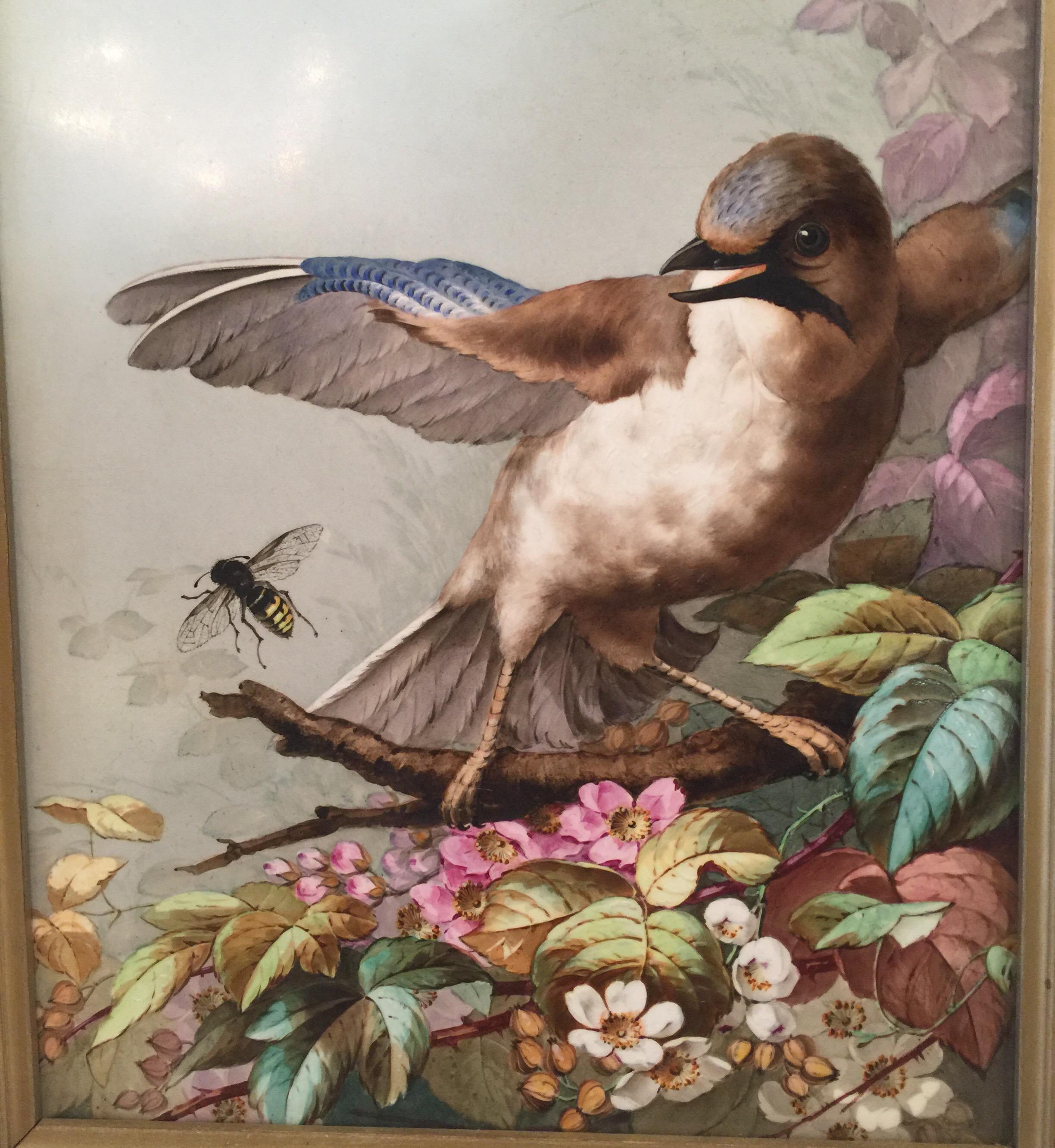 Charming Victorian Hand Painted Porcelain Tile, a Bird & Two Bees & Wildflowers 3