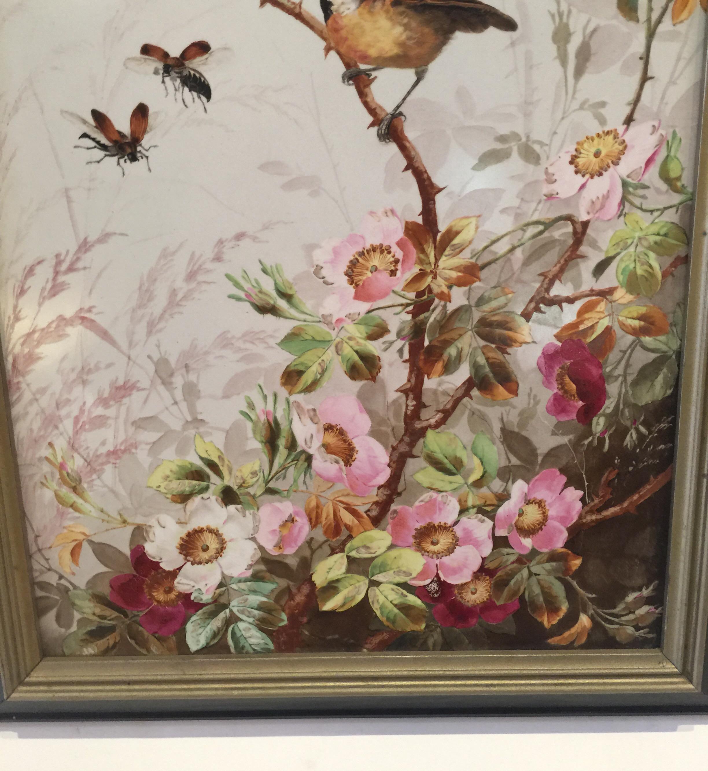 Charming Victorian Hand Painted Porcelain Tile of a Bird and Two Bees 5