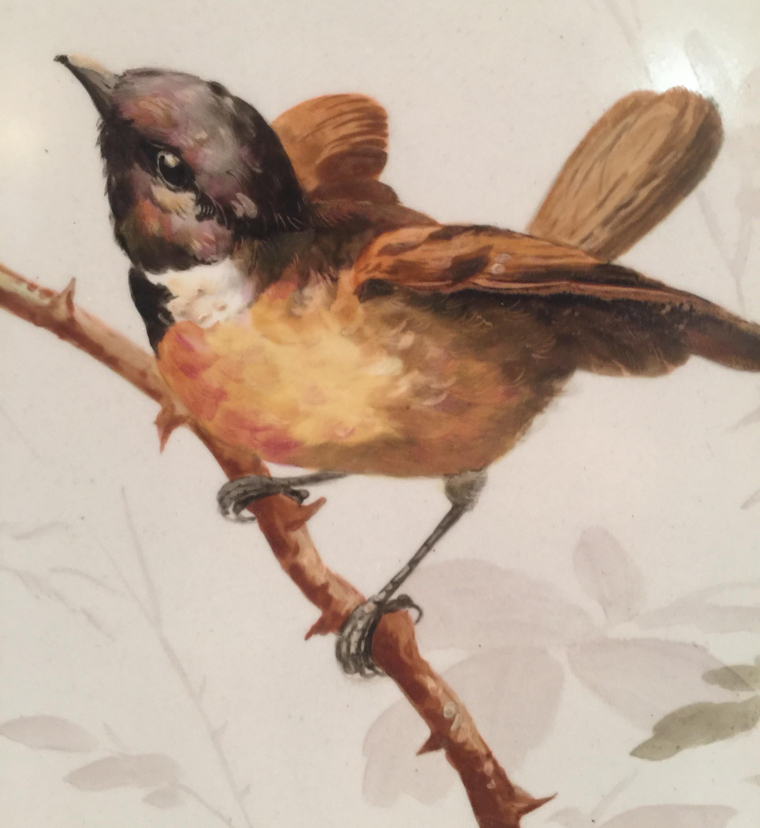 Charming Victorian Hand Painted Porcelain Tile of a Bird and Two Bees 11