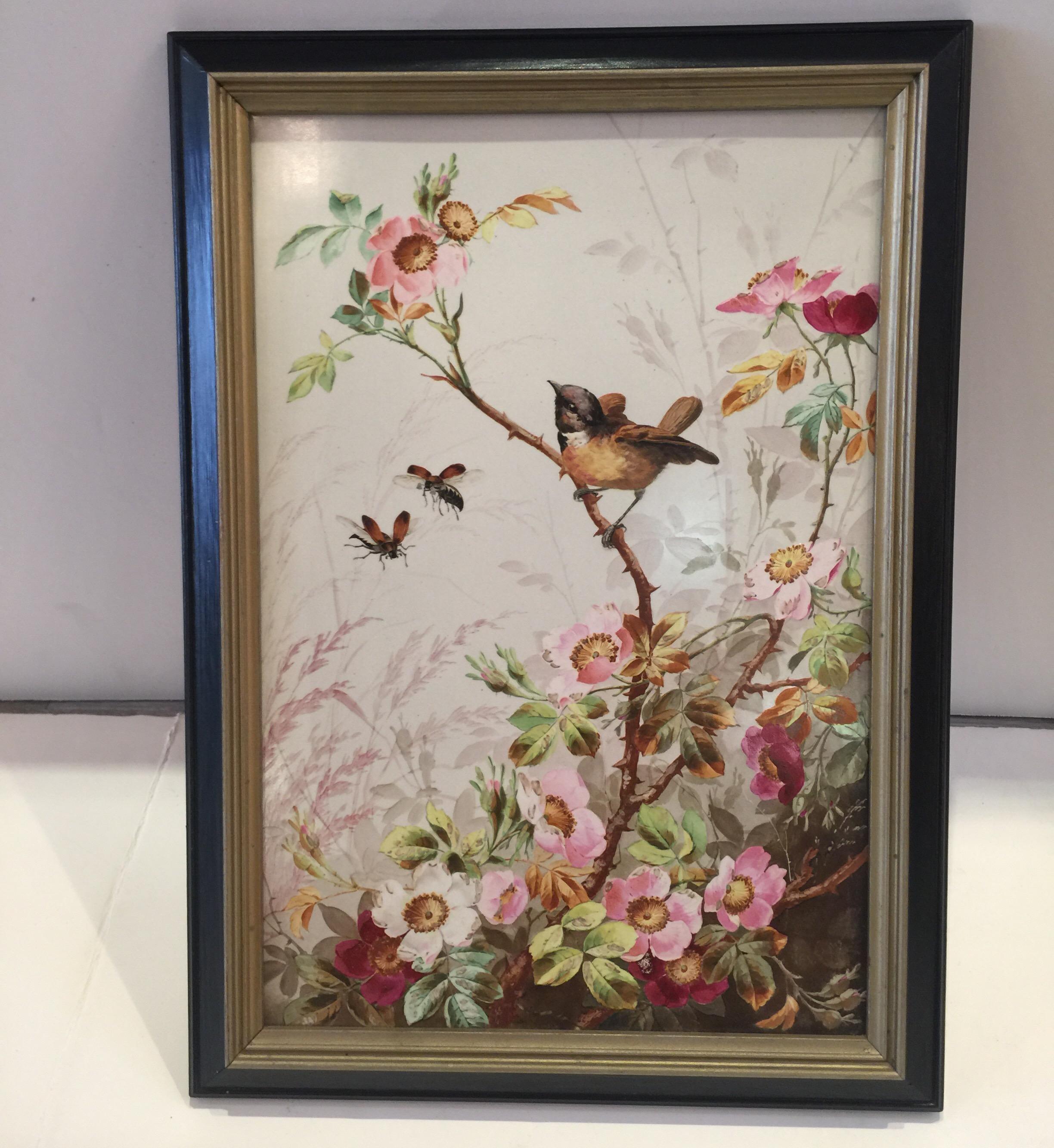 Charming Victorian hand painted porcelain tile of a bird and two bees with flowers,
circa 1880-1890 European origin, very good painting
Dimensions: 14.5