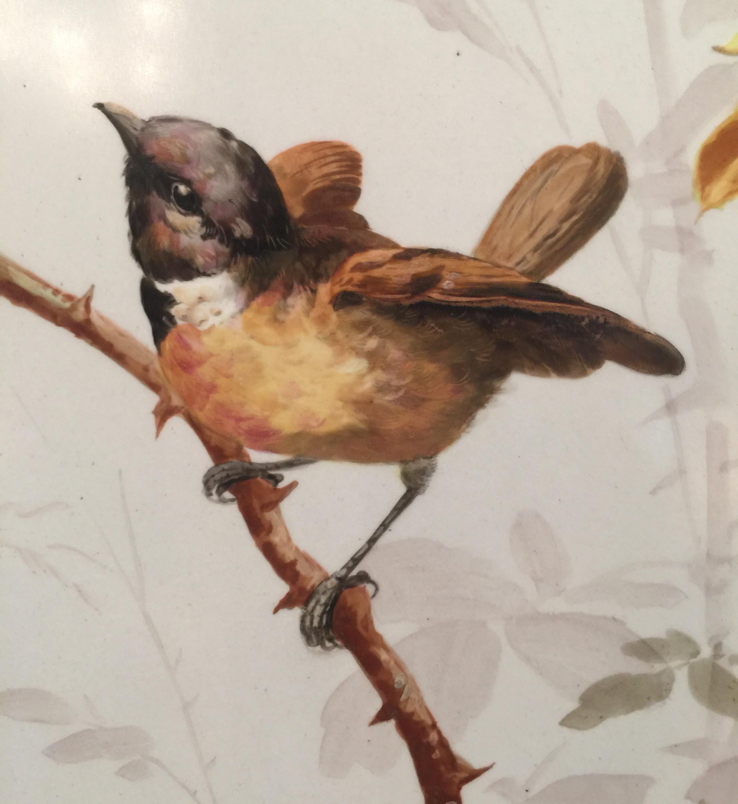 Austrian Charming Victorian Hand Painted Porcelain Tile of a Bird and Two Bees
