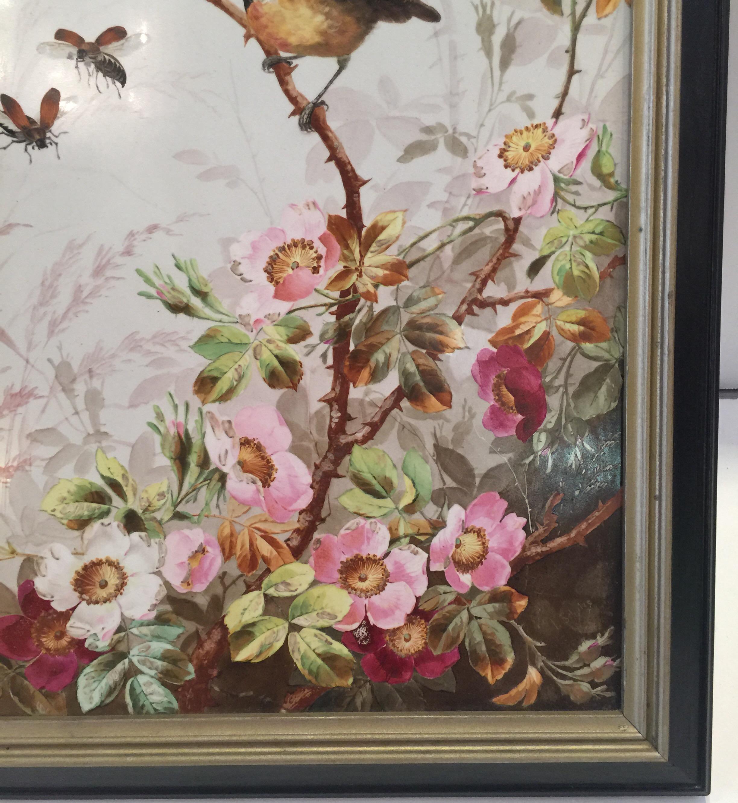 Charming Victorian Hand Painted Porcelain Tile of a Bird and Two Bees 3
