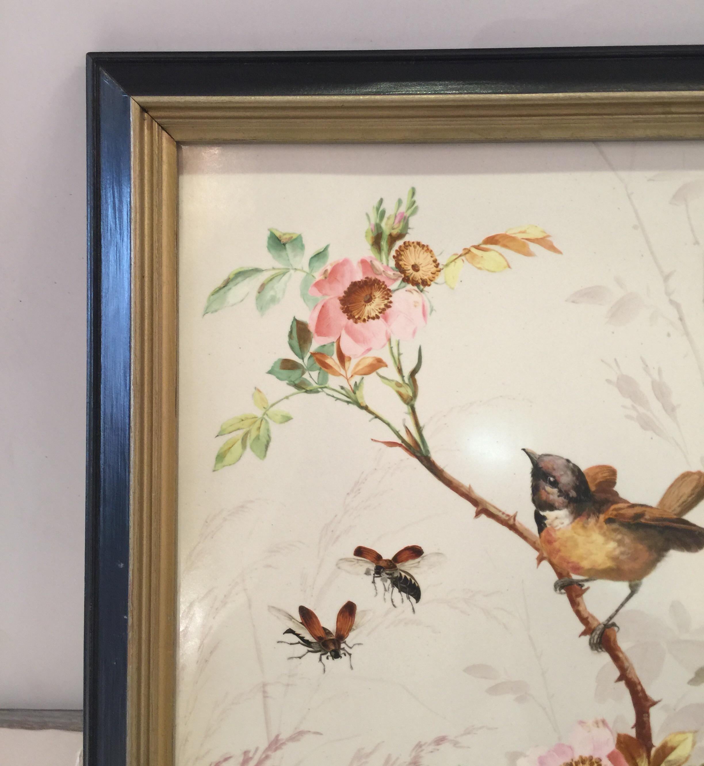 Charming Victorian Hand Painted Porcelain Tile of a Bird and Two Bees 4