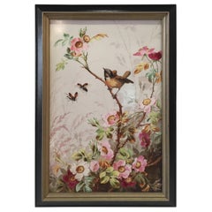 Charming Victorian Hand Painted Porcelain Tile of a Bird and Two Bees