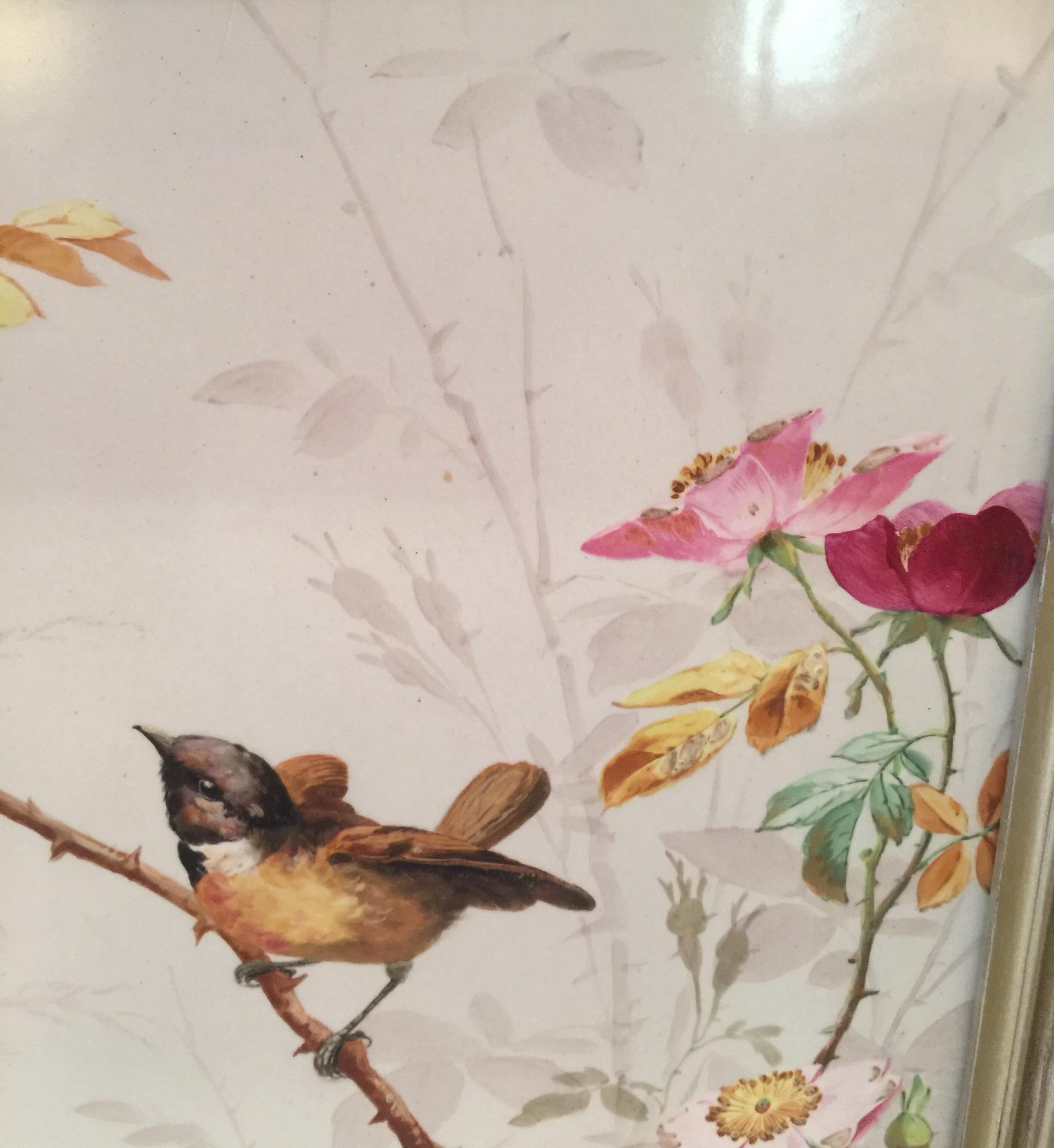Charming Victorian Hand Painted Porcelain Tile of a Bird and Two Bees 7