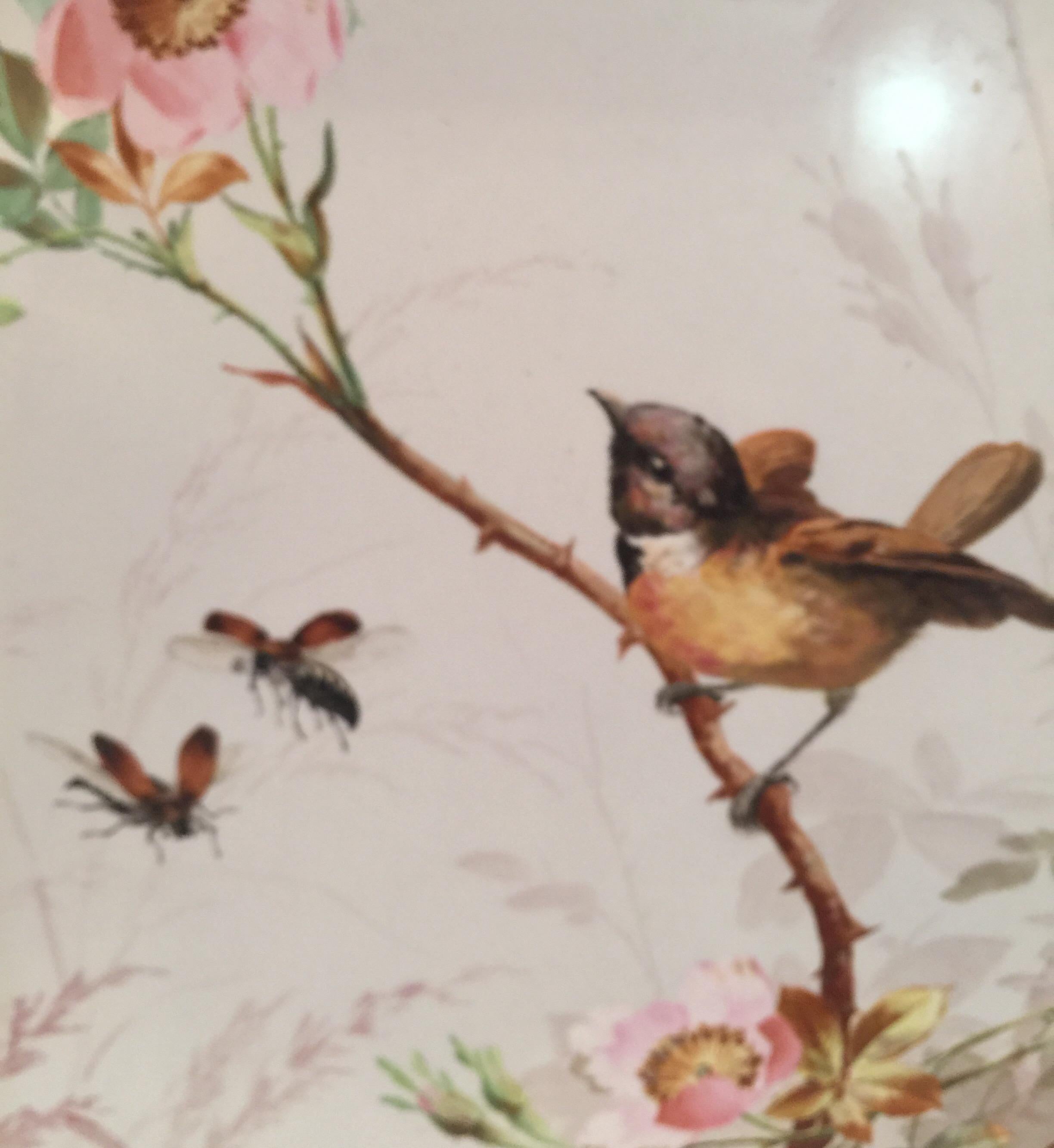 Charming Victorian Hand Painted Porcelain Tile of a Bird and Two Bees 9