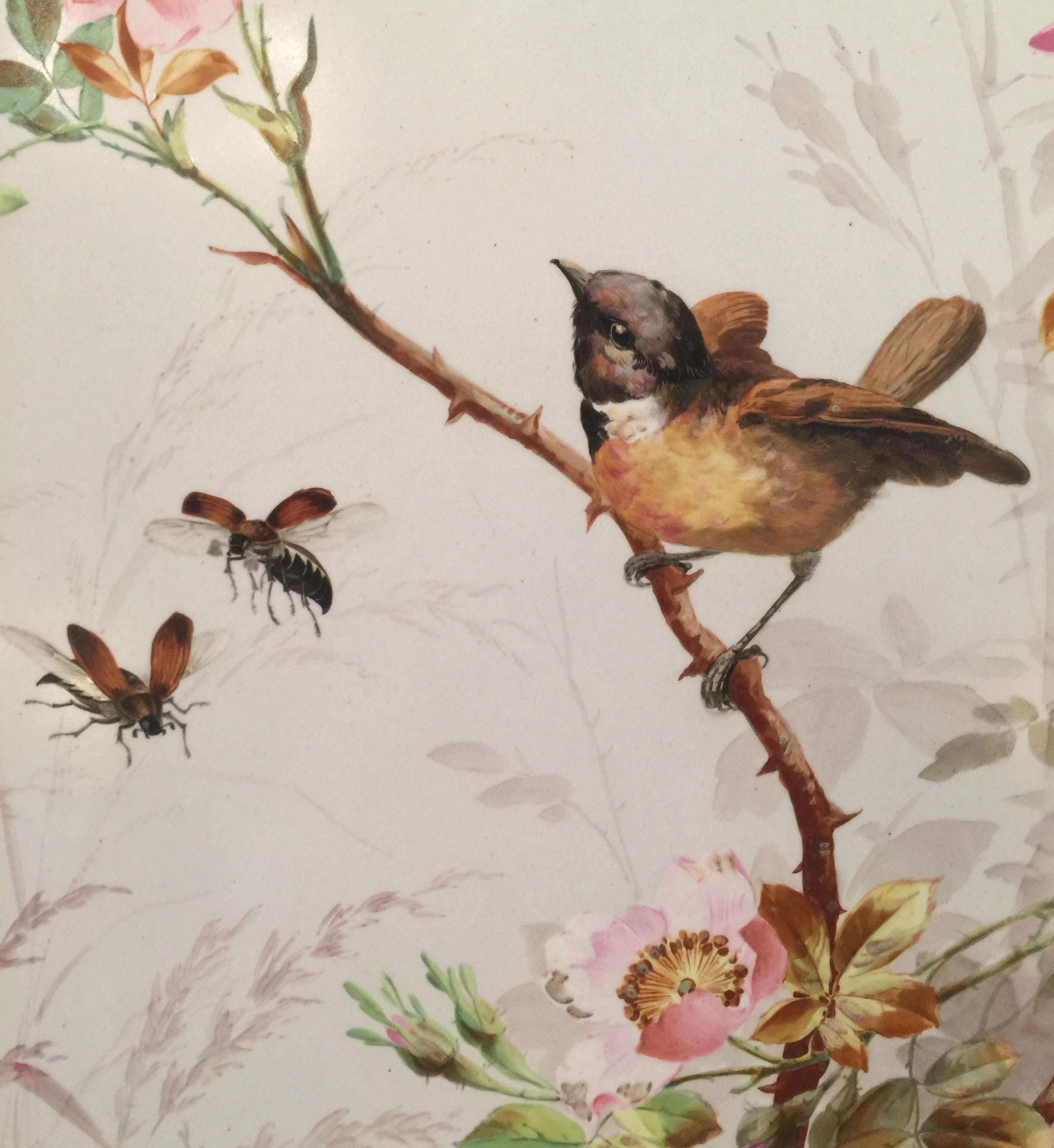 Charming Victorian Hand Painted Porcelain Tile of a Bird and Two Bees In Excellent Condition In Lambertville, NJ