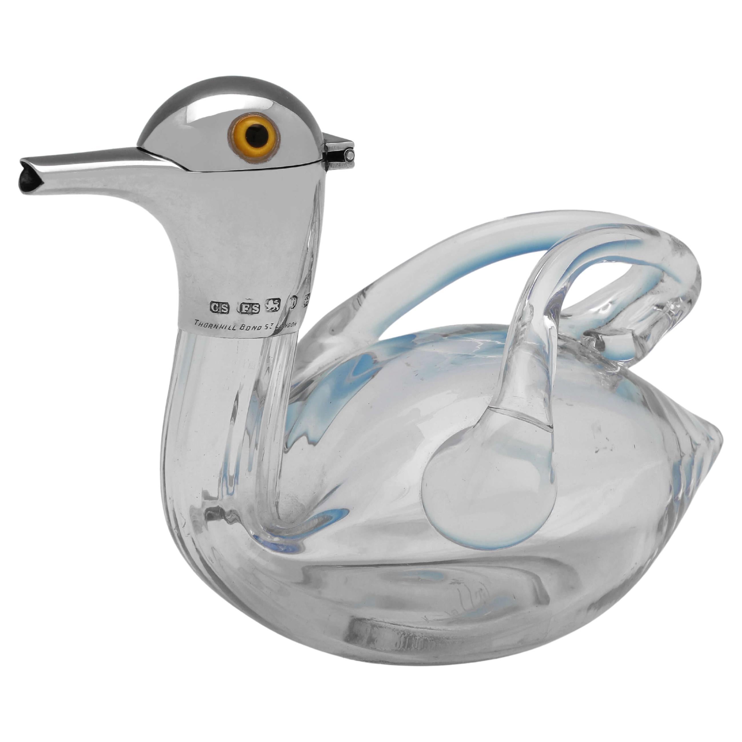 Charming Victorian Novelty Glass & Sterling Silver Decanter 'Duck' - Made 1893 For Sale