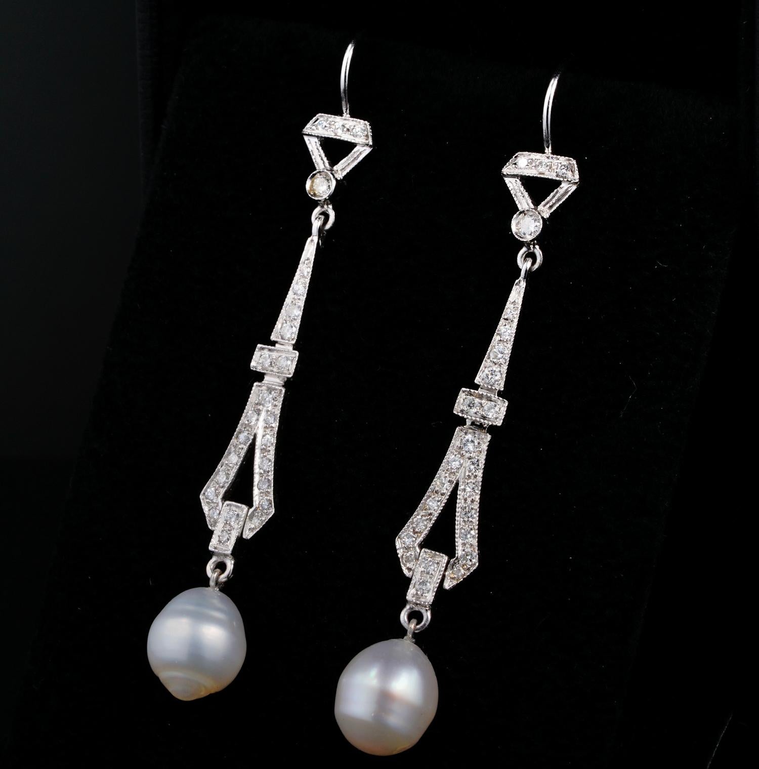 Charming Vintage .90 Carat Diamond Baroque Salt Sea Cultured Pearl Drop Earrings For Sale 1