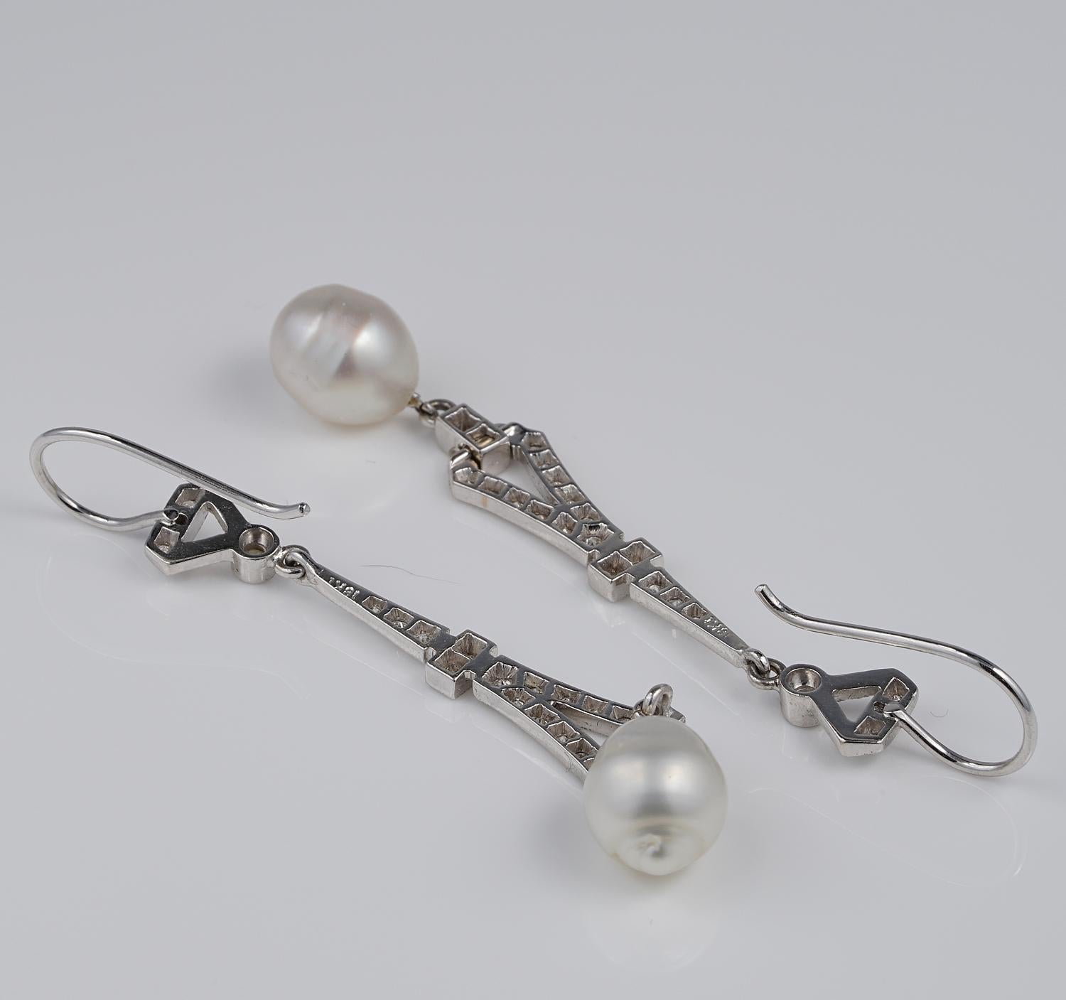 Charming Vintage .90 Carat Diamond Baroque Salt Sea Cultured Pearl Drop Earrings For Sale 2