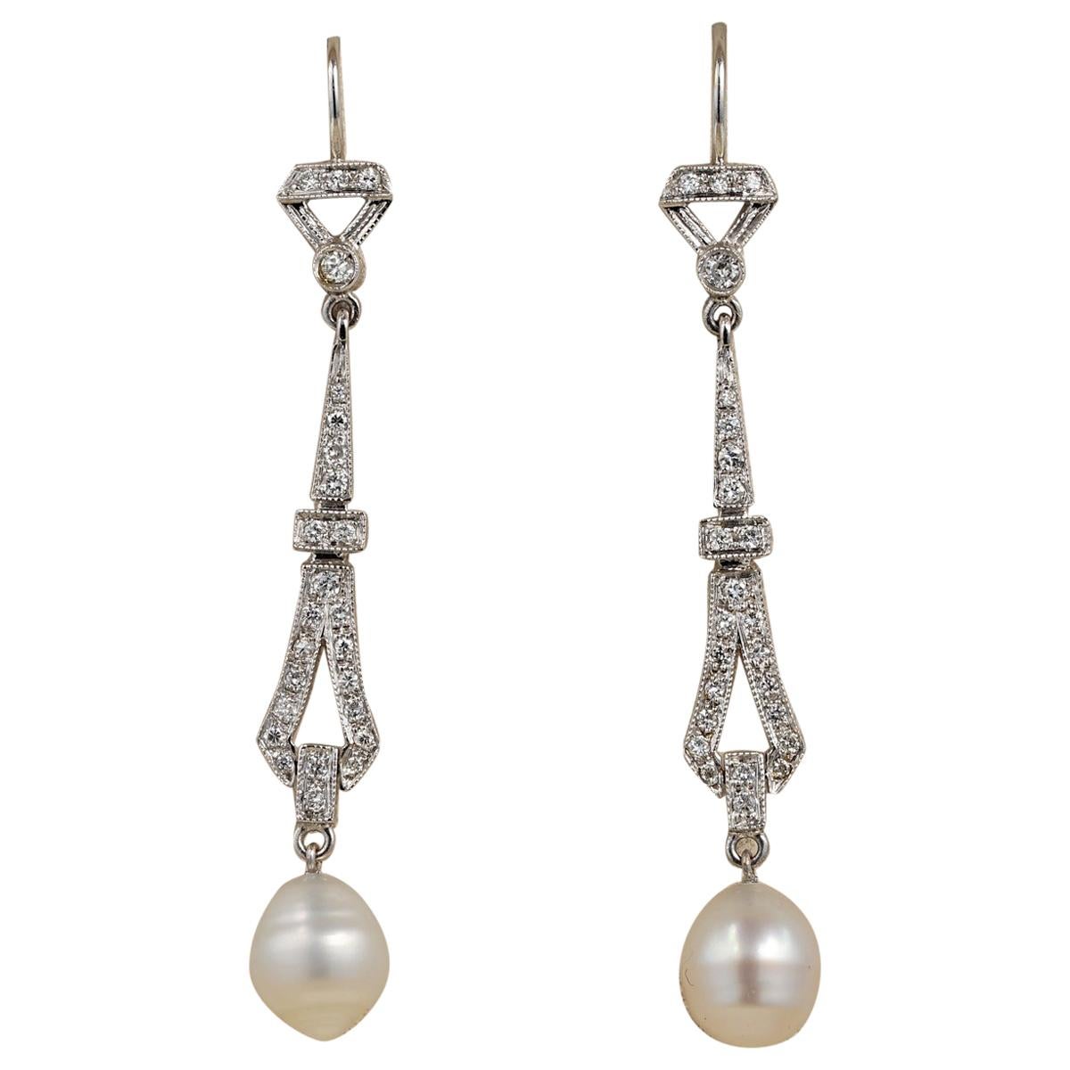 Charming Vintage .90 Carat Diamond Baroque Salt Sea Cultured Pearl Drop Earrings For Sale