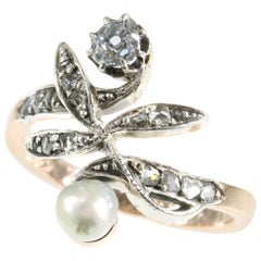 Charming Vintage Antique Engagement Ring with Diamonds and Pearl