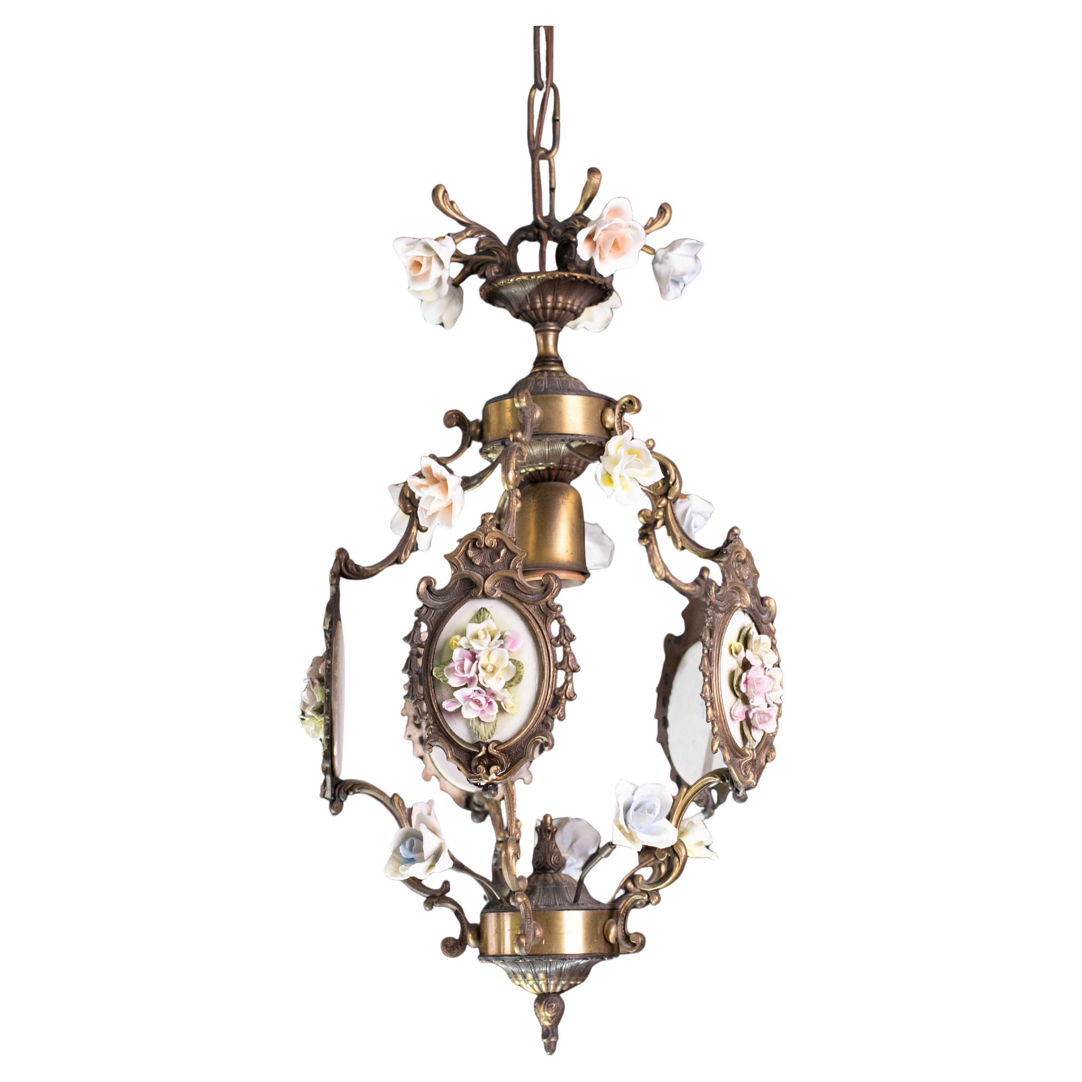 Charming Vintage art nouveau style italian ceramic flower chandelier, 1970