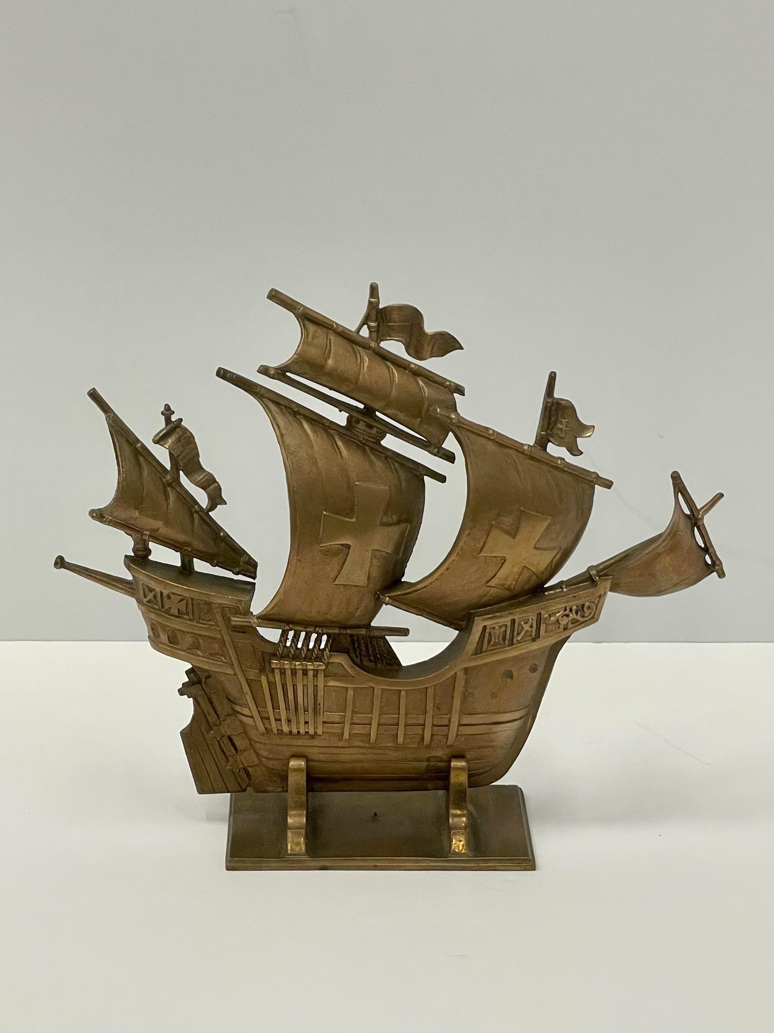 Wonderful decorative vintage cast brass doorstop, sculptural and masculine, in the shape of a Spanish Galleon.