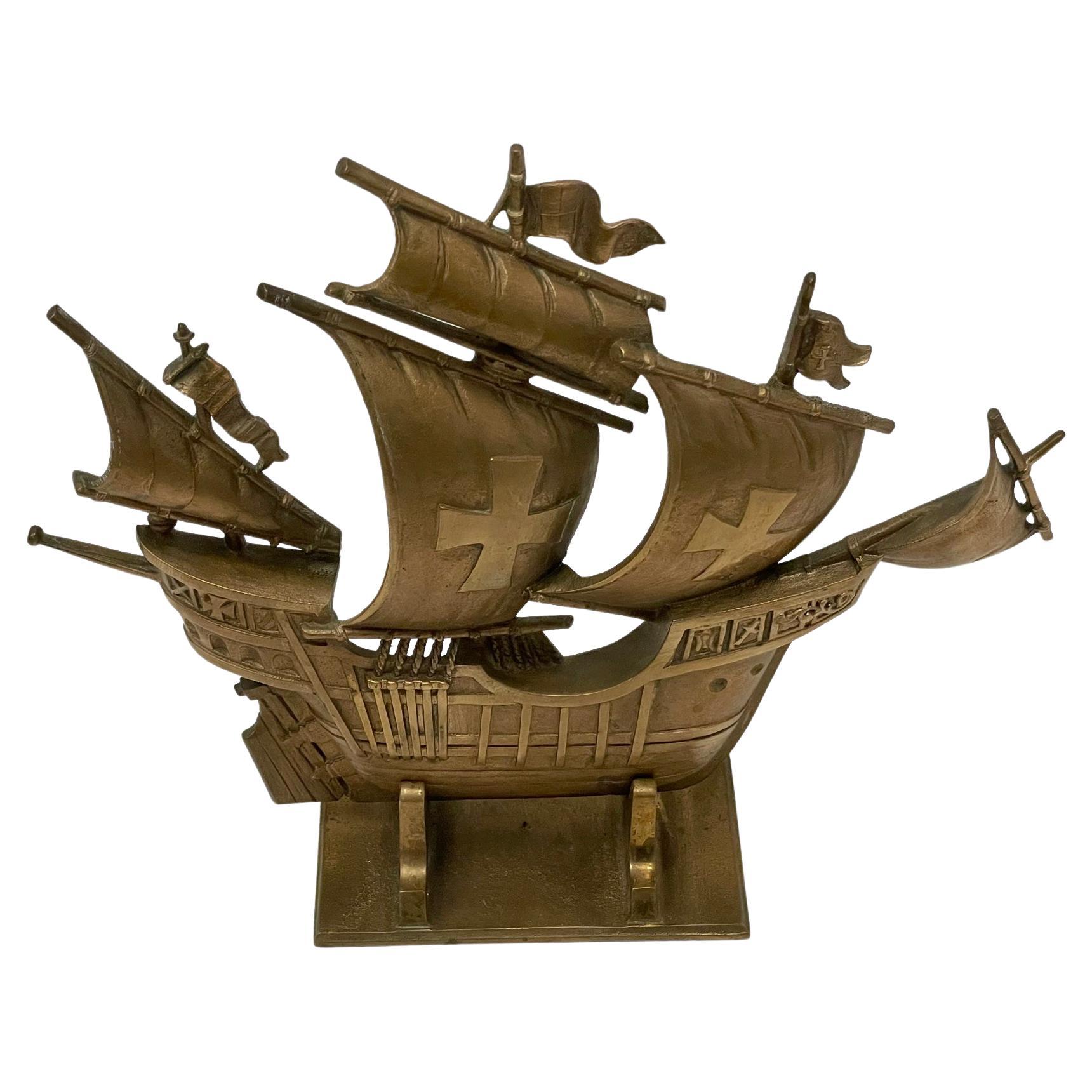 Charming Vintage Cast Brass Ship Doorstop For Sale