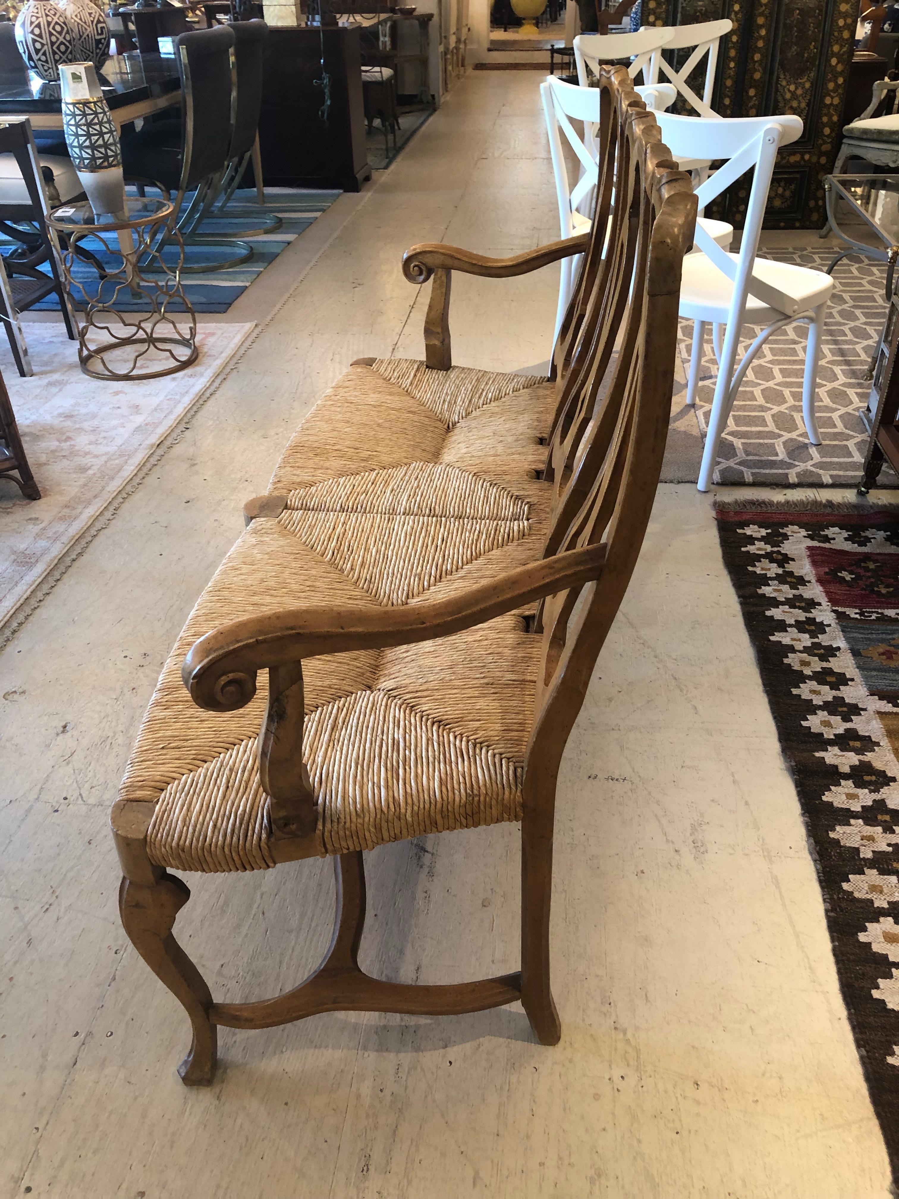 Charming Vintage Chestnut Bench with Handsome Rush Seat 8