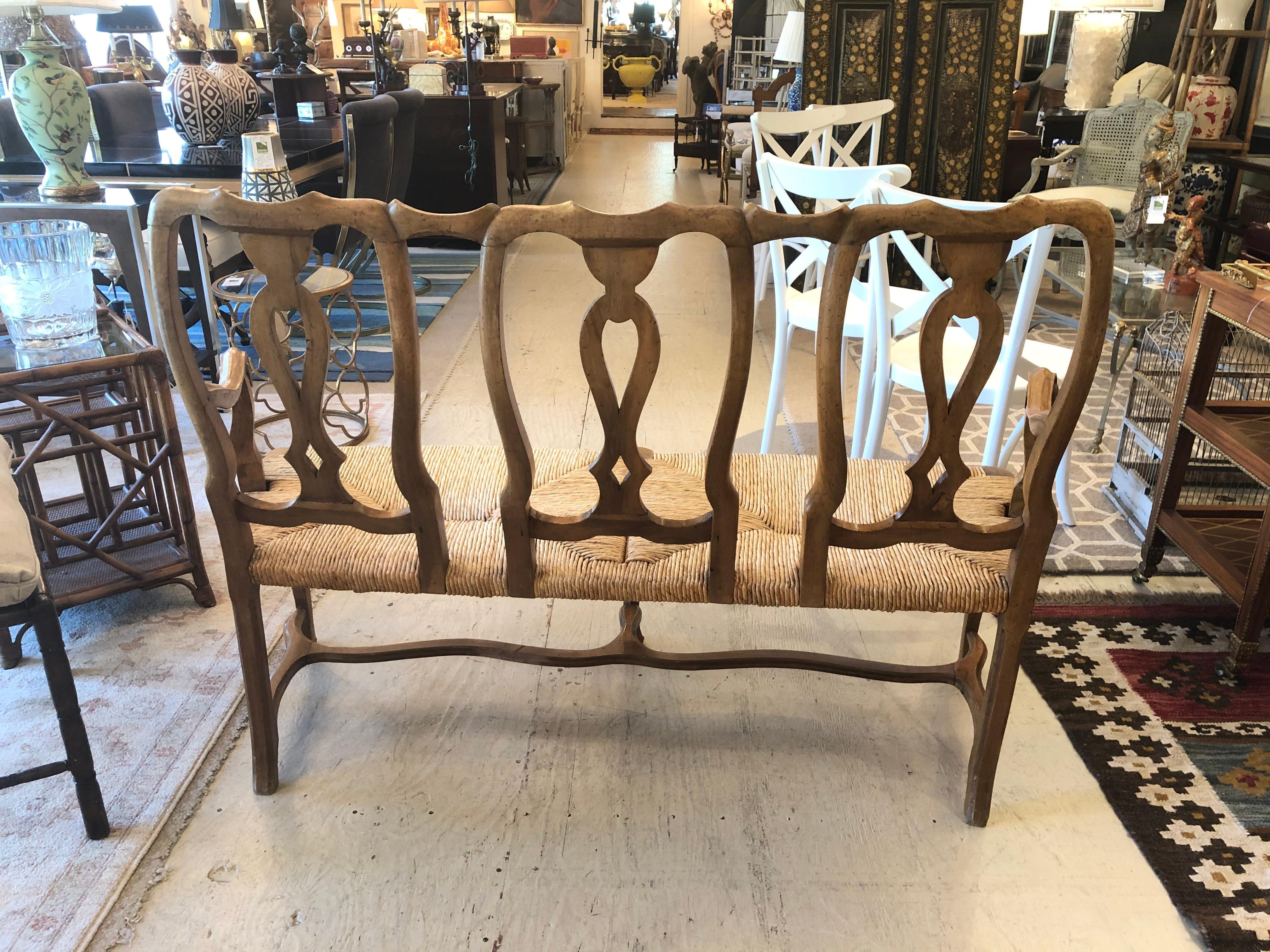 Charming Vintage Chestnut Bench with Handsome Rush Seat 10