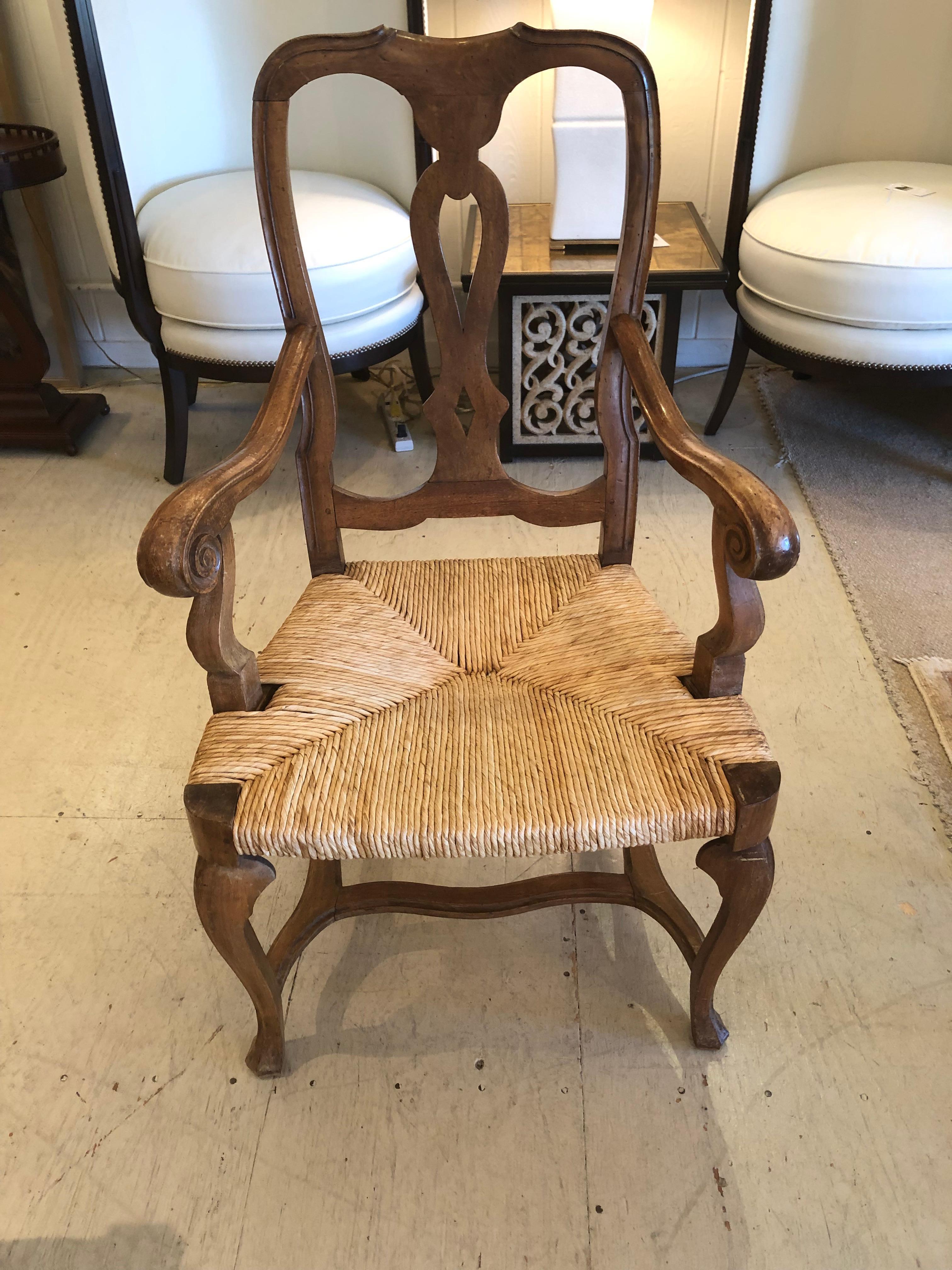 Early 20th Century Charming Vintage Chestnut Bench with Handsome Rush Seat